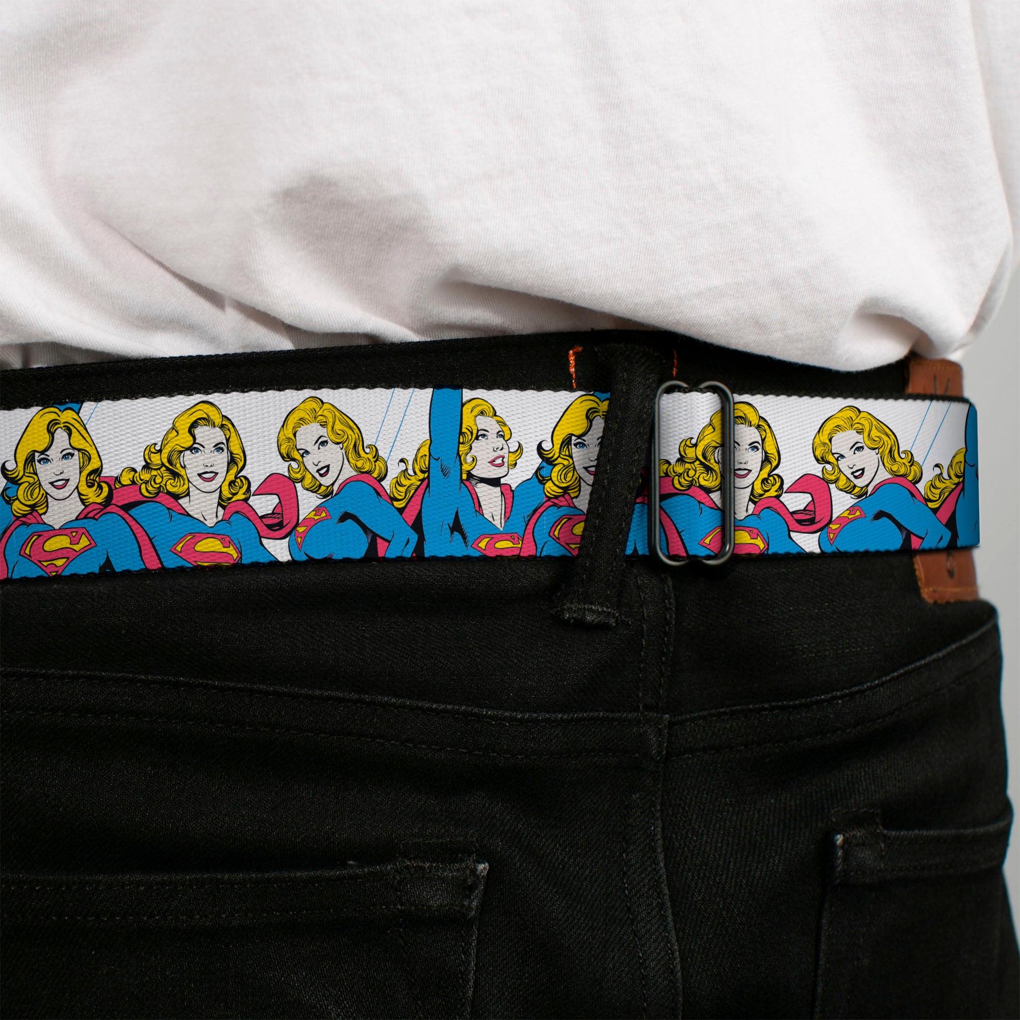 SUPERGIRL Title Full Color White/Multi Color Seatbelt Belt - Supergirl Four Poses Stack White Webbing Seatbelt Belts DC Comics