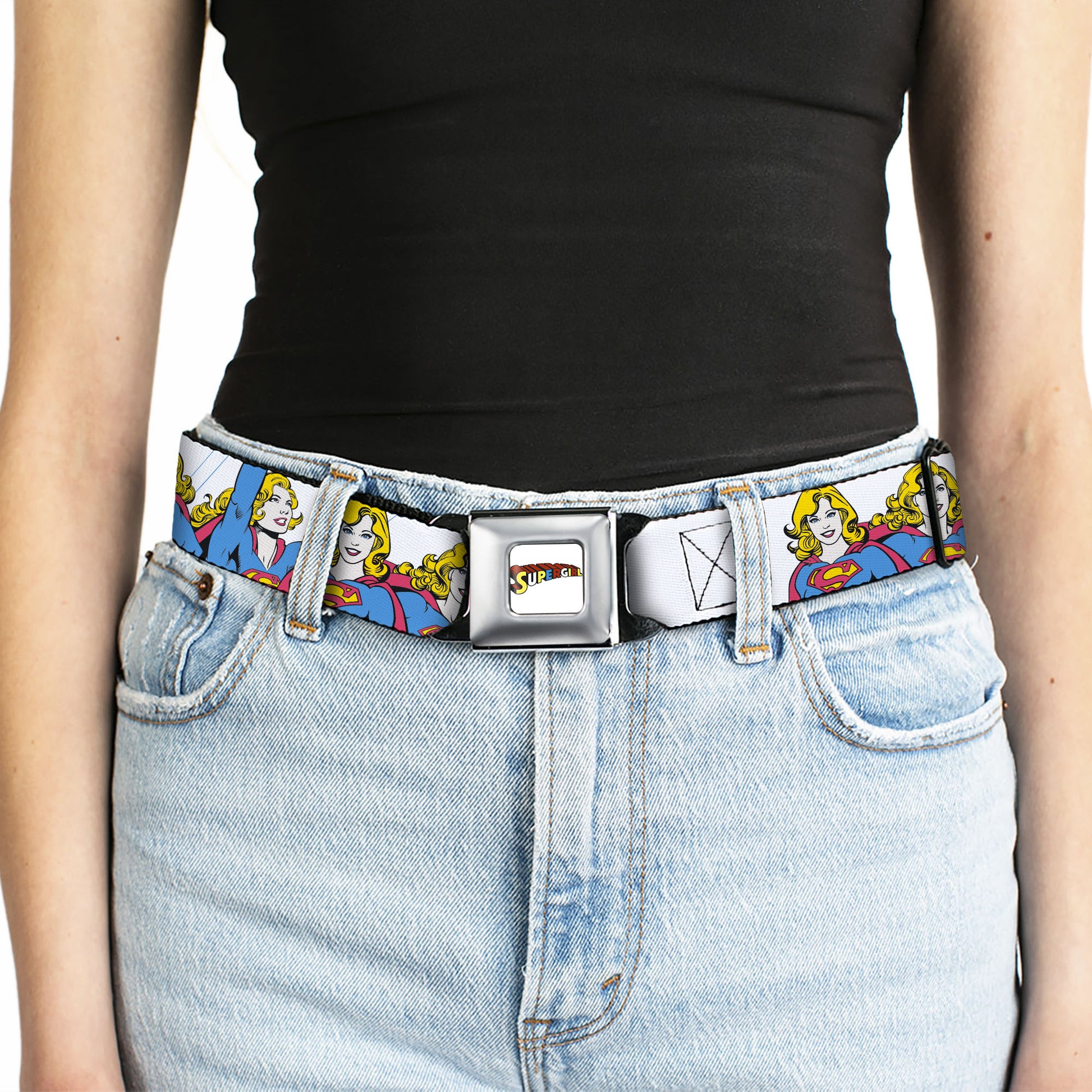 SUPERGIRL Title Full Color White/Multi Color Seatbelt Belt - Supergirl Four Poses Stack White Webbing Seatbelt Belts DC Comics