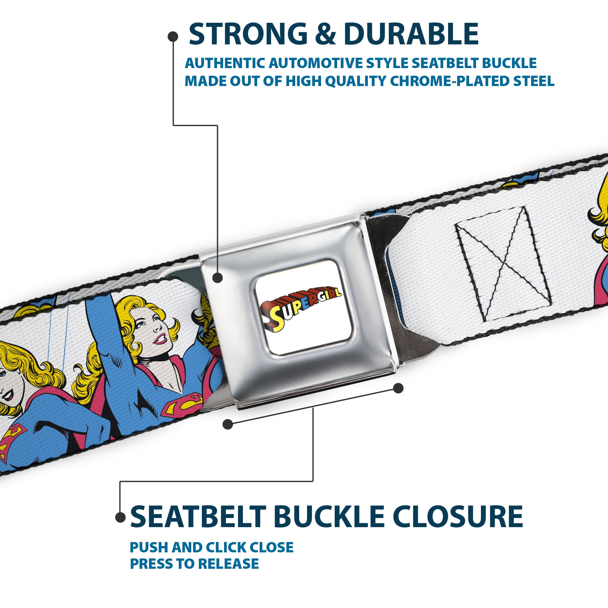 SUPERGIRL Title Full Color White/Multi Color Seatbelt Belt - Supergirl Four Poses Stack White Webbing Seatbelt Belts DC Comics