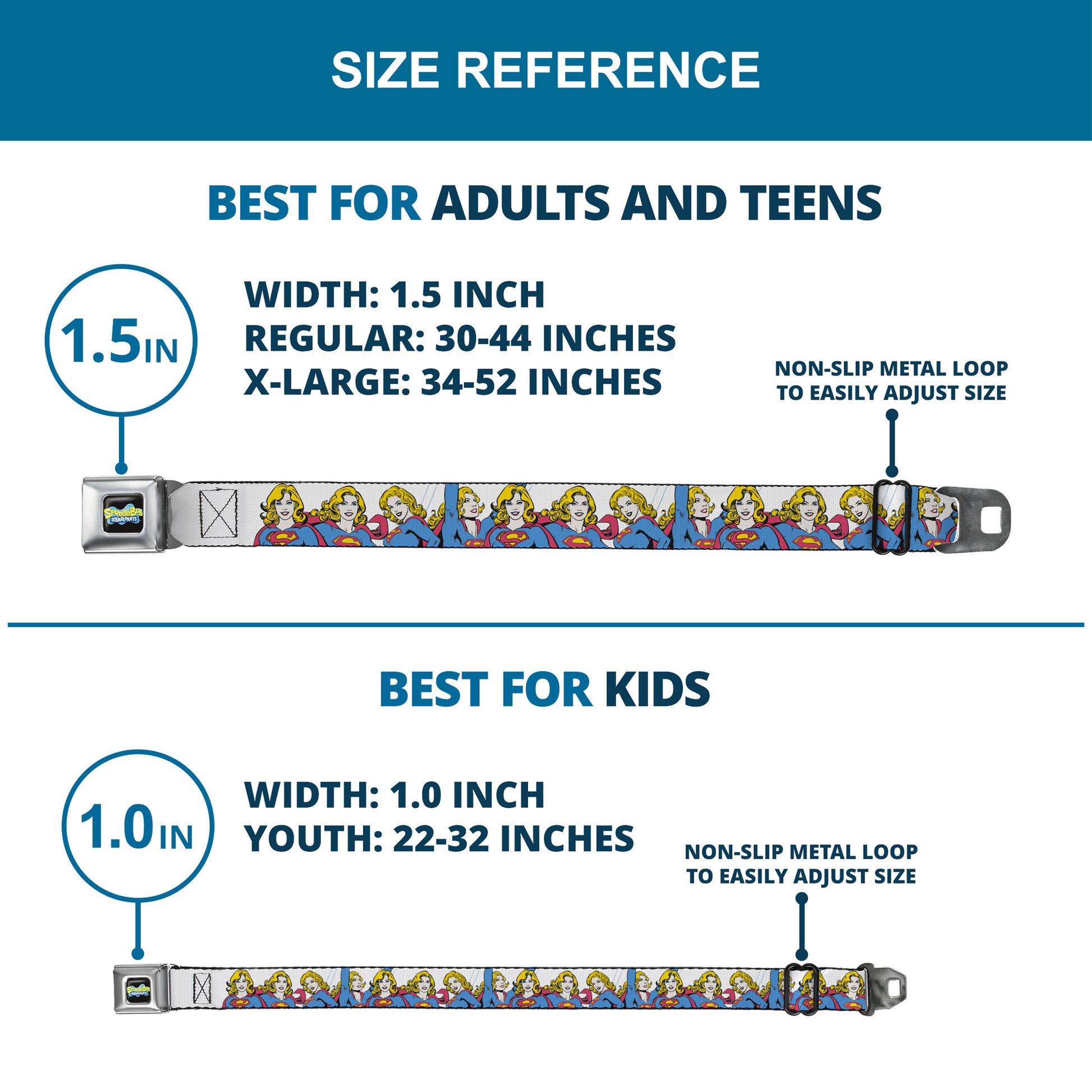 SUPERGIRL Title Full Color White/Multi Color Seatbelt Belt - Supergirl Four Poses Stack White Webbing Seatbelt Belts DC Comics