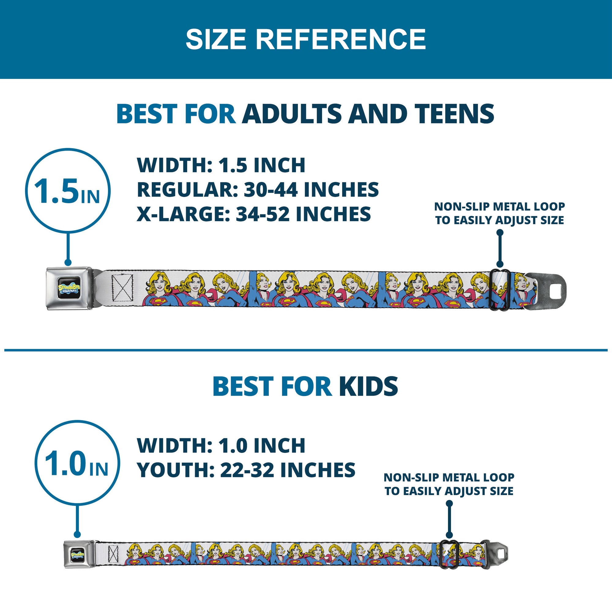 SUPERGIRL Title Full Color White/Multi Color Seatbelt Belt - Supergirl Four Poses Stack White Webbing Seatbelt Belts DC Comics