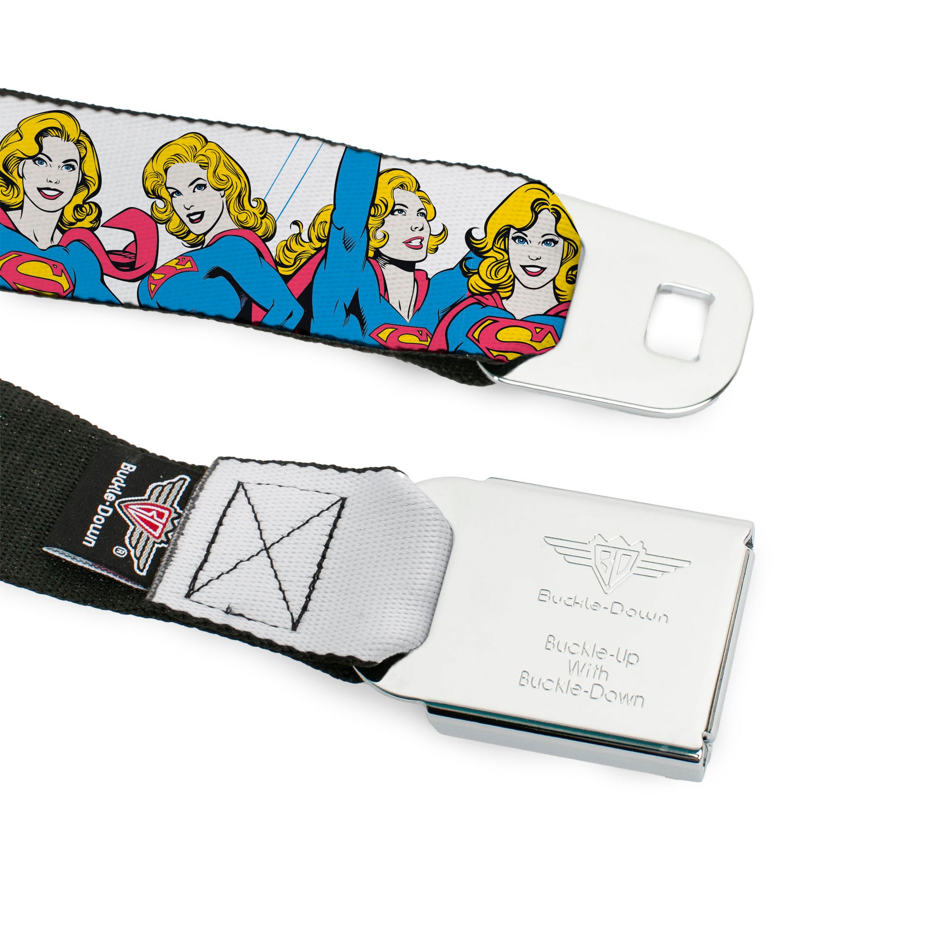 SUPERGIRL Title Full Color White/Multi Color Seatbelt Belt - Supergirl Four Poses Stack White Webbing Seatbelt Belts DC Comics