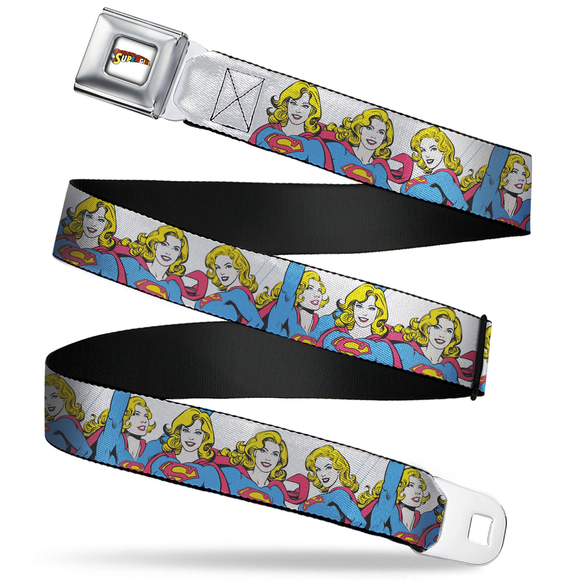 SUPERGIRL Title Full Color White/Multi Color Seatbelt Belt - Supergirl Four Poses Stack White Webbing Seatbelt Belts DC Comics