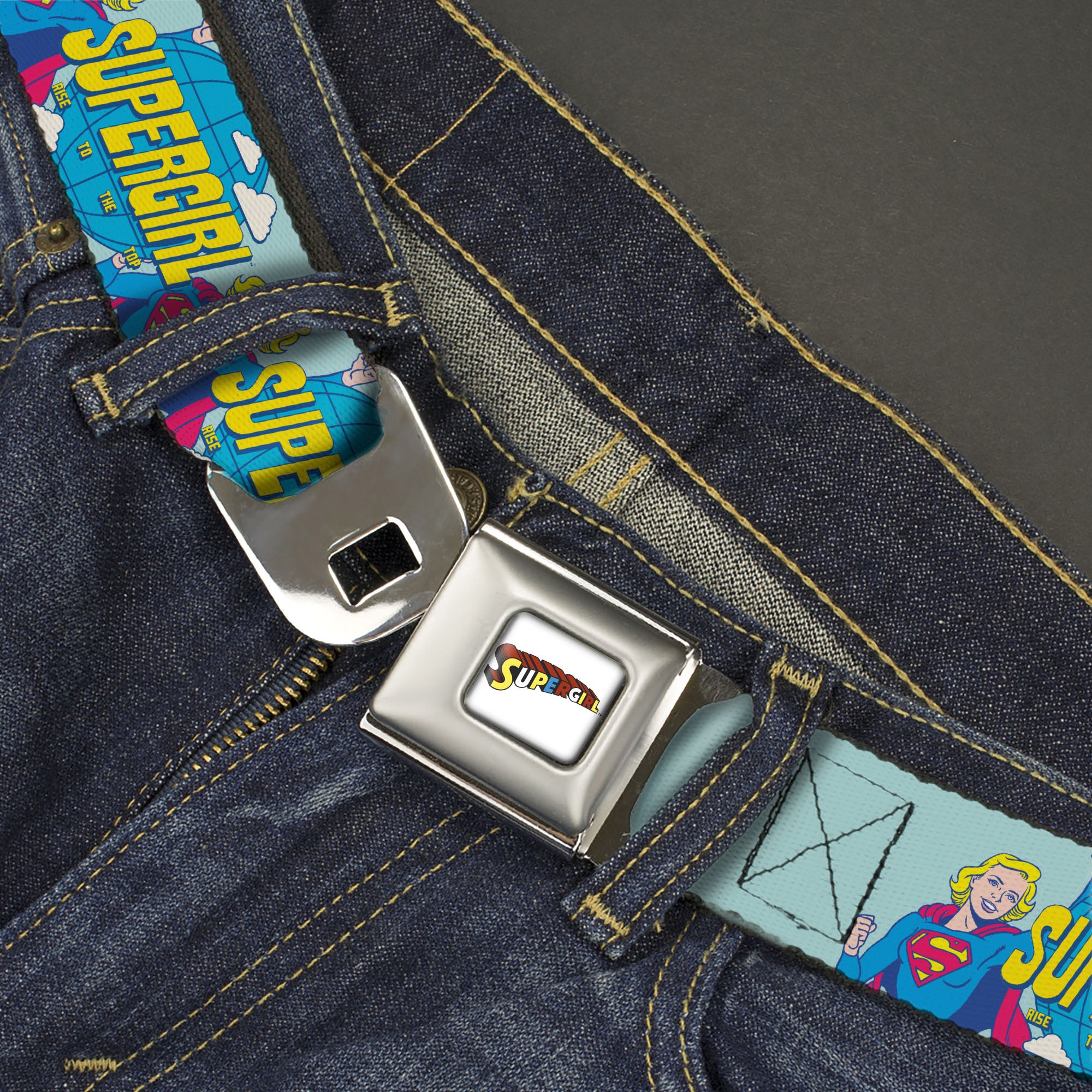 SUPERGIRL Title Full Color White/Multi Color Seatbelt Belt - SUPERGIRL RISE TO THE TOP Globe Pose Blues Webbing Seatbelt Belts DC Comics