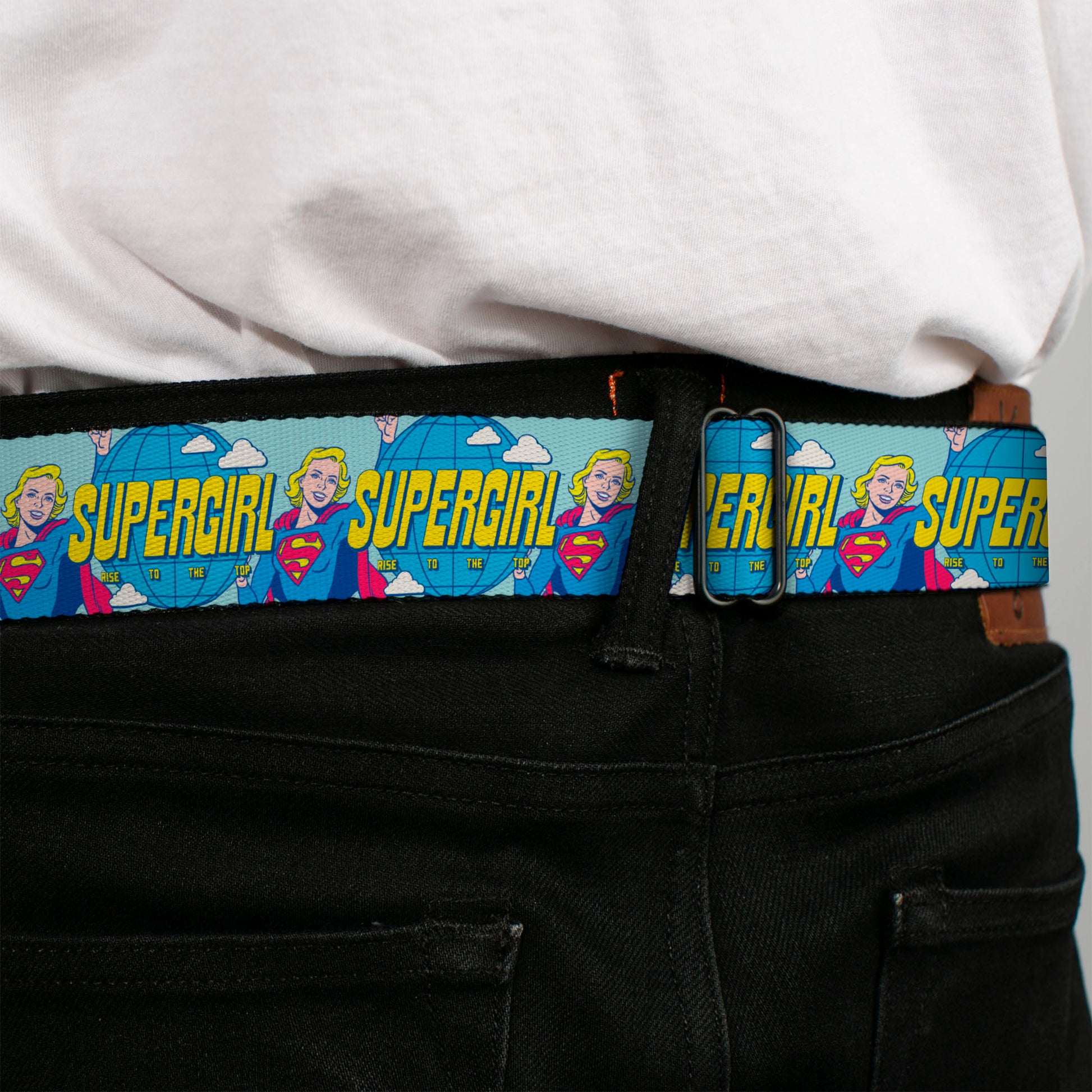 SUPERGIRL Title Full Color White/Multi Color Seatbelt Belt - SUPERGIRL RISE TO THE TOP Globe Pose Blues Webbing Seatbelt Belts DC Comics