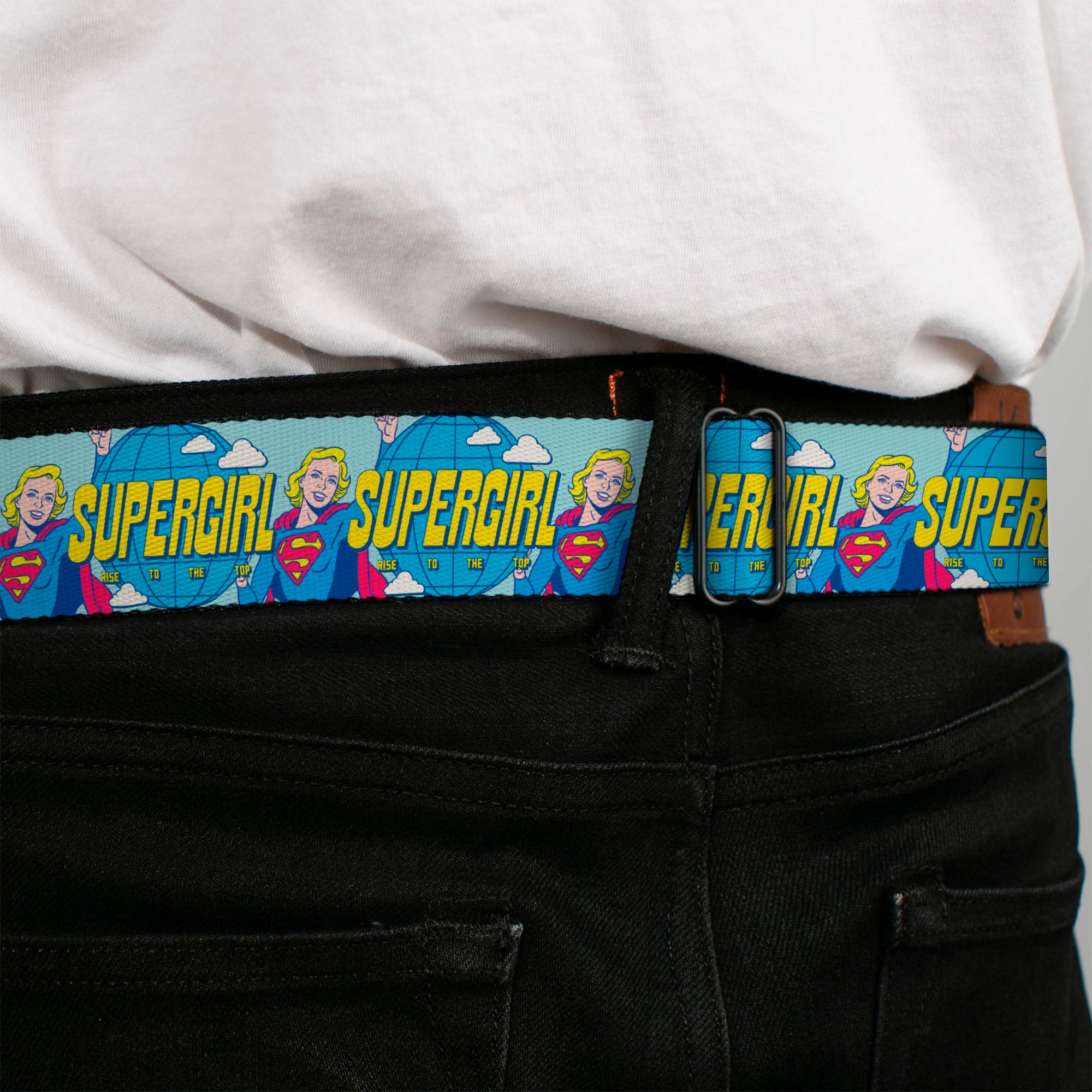 SUPERGIRL Title Full Color White/Multi Color Seatbelt Belt - SUPERGIRL RISE TO THE TOP Globe Pose Blues Webbing Seatbelt Belts DC Comics