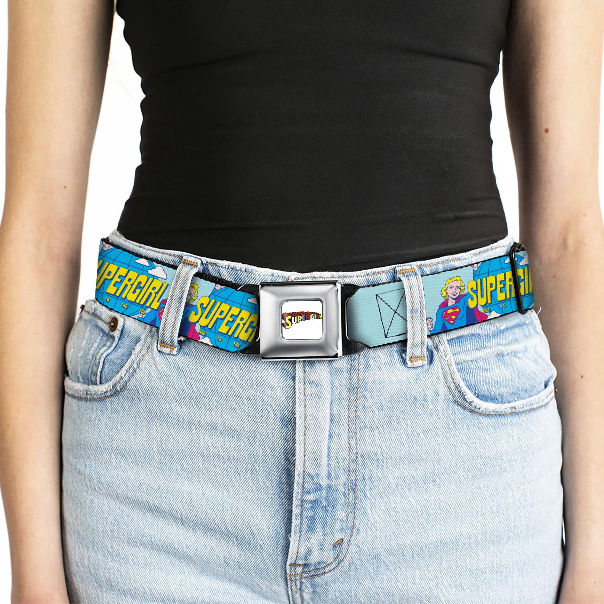 SUPERGIRL Title Full Color White/Multi Color Seatbelt Belt - SUPERGIRL RISE TO THE TOP Globe Pose Blues Webbing Seatbelt Belts DC Comics