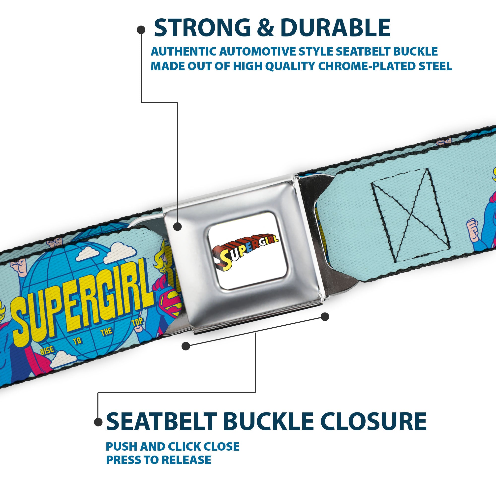 SUPERGIRL Title Full Color White/Multi Color Seatbelt Belt - SUPERGIRL RISE TO THE TOP Globe Pose Blues Webbing Seatbelt Belts DC Comics
