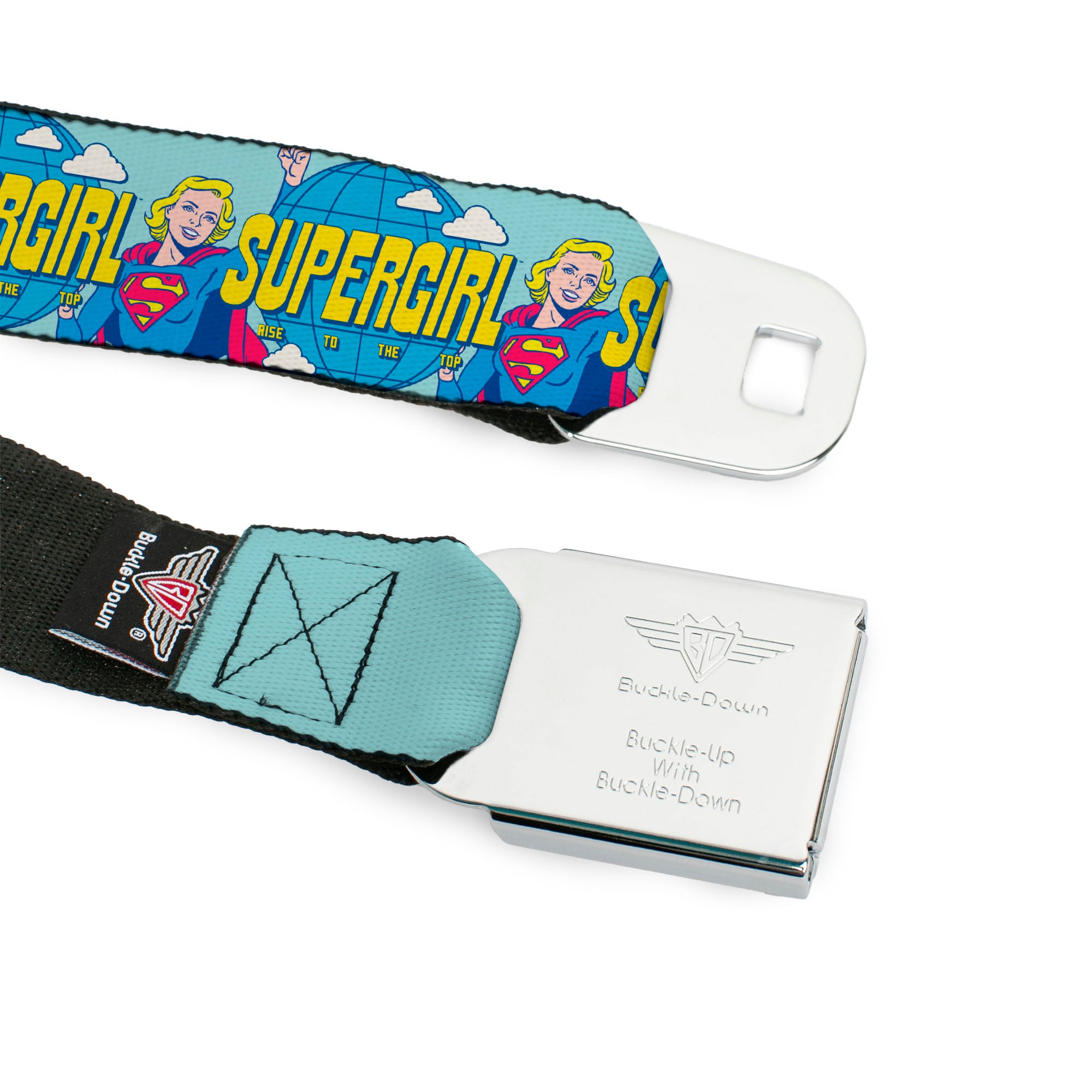 SUPERGIRL Title Full Color White/Multi Color Seatbelt Belt - SUPERGIRL RISE TO THE TOP Globe Pose Blues Webbing Seatbelt Belts DC Comics