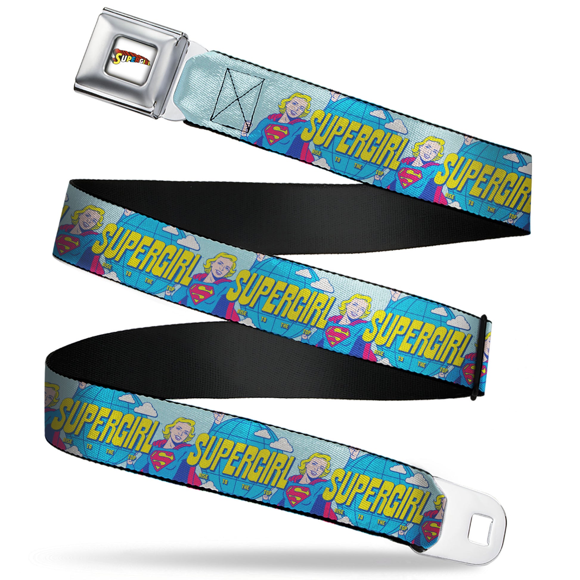SUPERGIRL Title Full Color White/Multi Color Seatbelt Belt - SUPERGIRL RISE TO THE TOP Globe Pose Blues Webbing Seatbelt Belts DC Comics