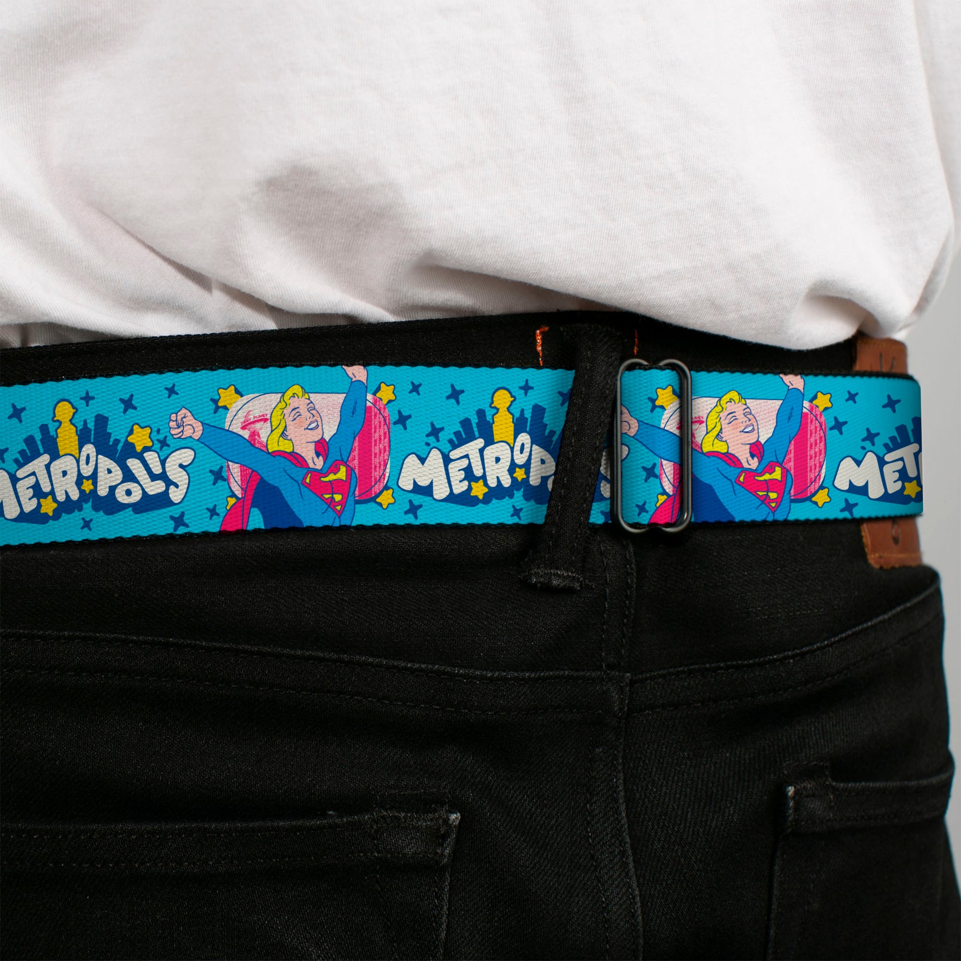 SUPERGIRL Title Full Color White/Multi Color Seatbelt Belt - Supergirl METROPOLIS Pop Art Pose Blues/Yellow/White Webbing Seatbelt Belts DC Comics
