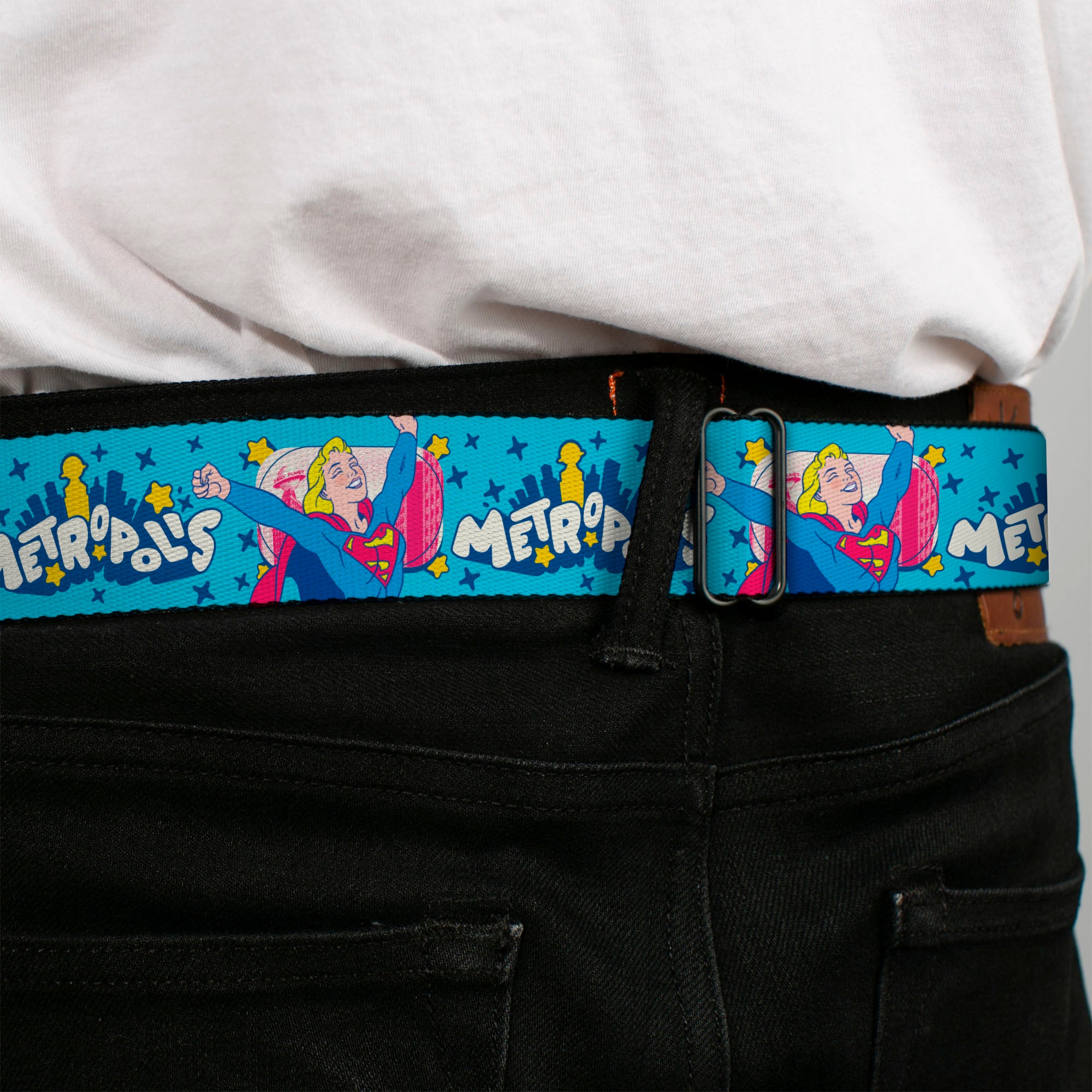 SUPERGIRL Title Full Color White/Multi Color Seatbelt Belt - Supergirl METROPOLIS Pop Art Pose Blues/Yellow/White Webbing Seatbelt Belts DC Comics