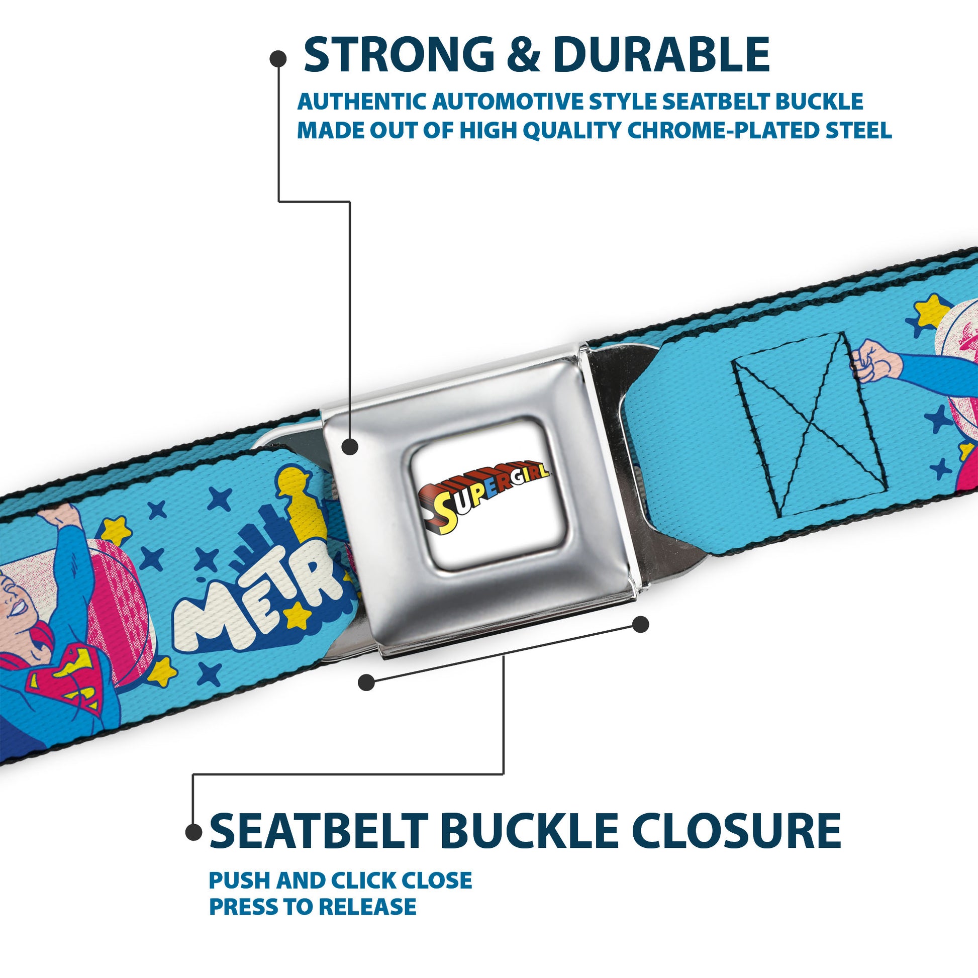SUPERGIRL Title Full Color White/Multi Color Seatbelt Belt - Supergirl METROPOLIS Pop Art Pose Blues/Yellow/White Webbing Seatbelt Belts DC Comics