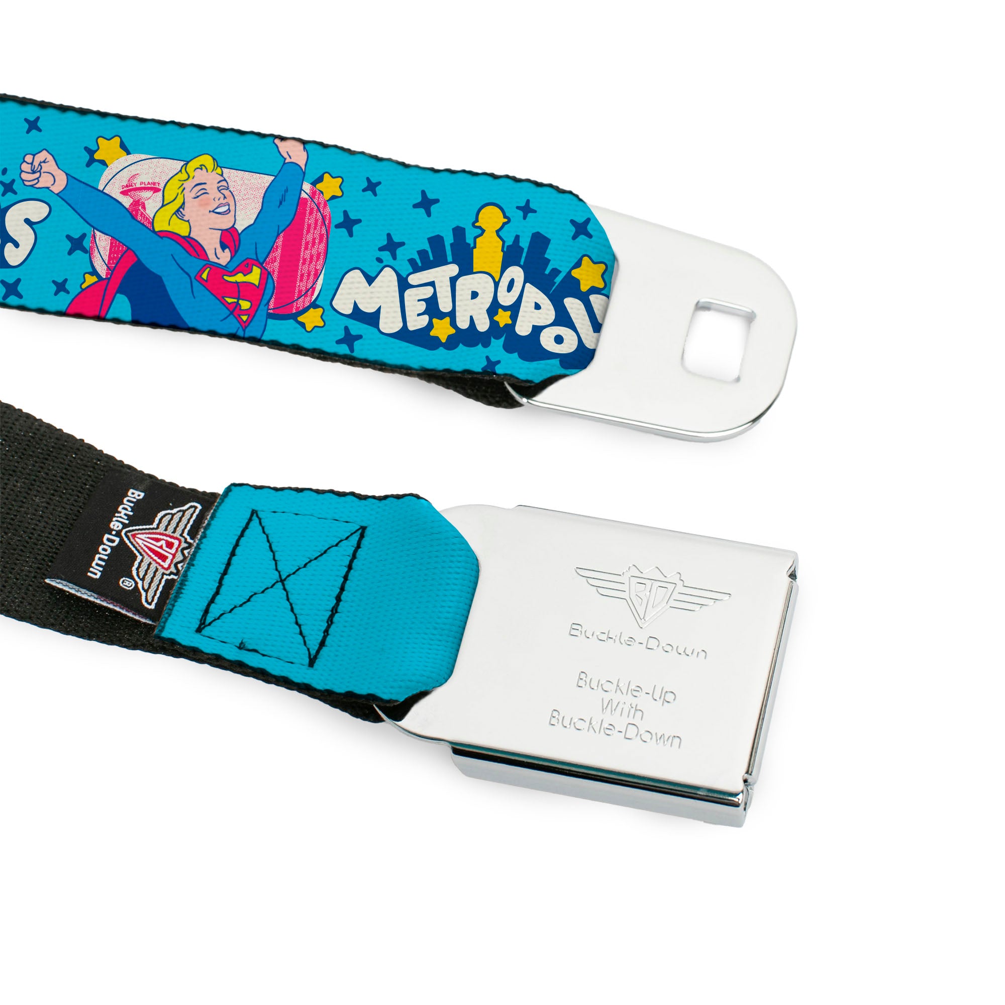 SUPERGIRL Title Full Color White/Multi Color Seatbelt Belt - Supergirl METROPOLIS Pop Art Pose Blues/Yellow/White Webbing Seatbelt Belts DC Comics