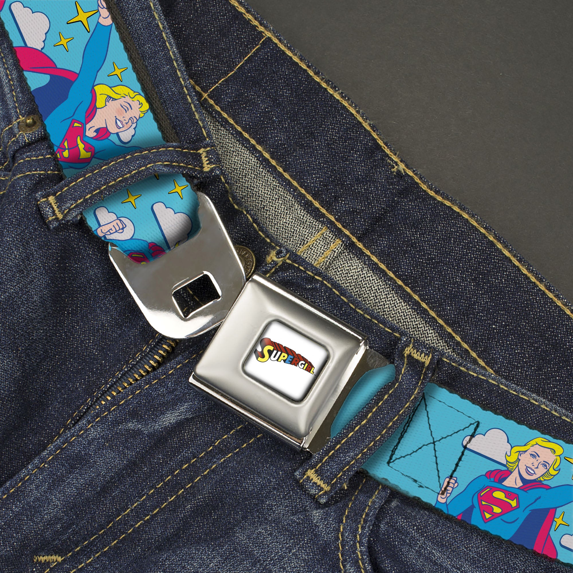 SUPERGIRL Title Full Color White/Multi Color Seatbelt Belt - Supergirl Two Pop Poses and Stars Blue Webbing Seatbelt Belts DC Comics