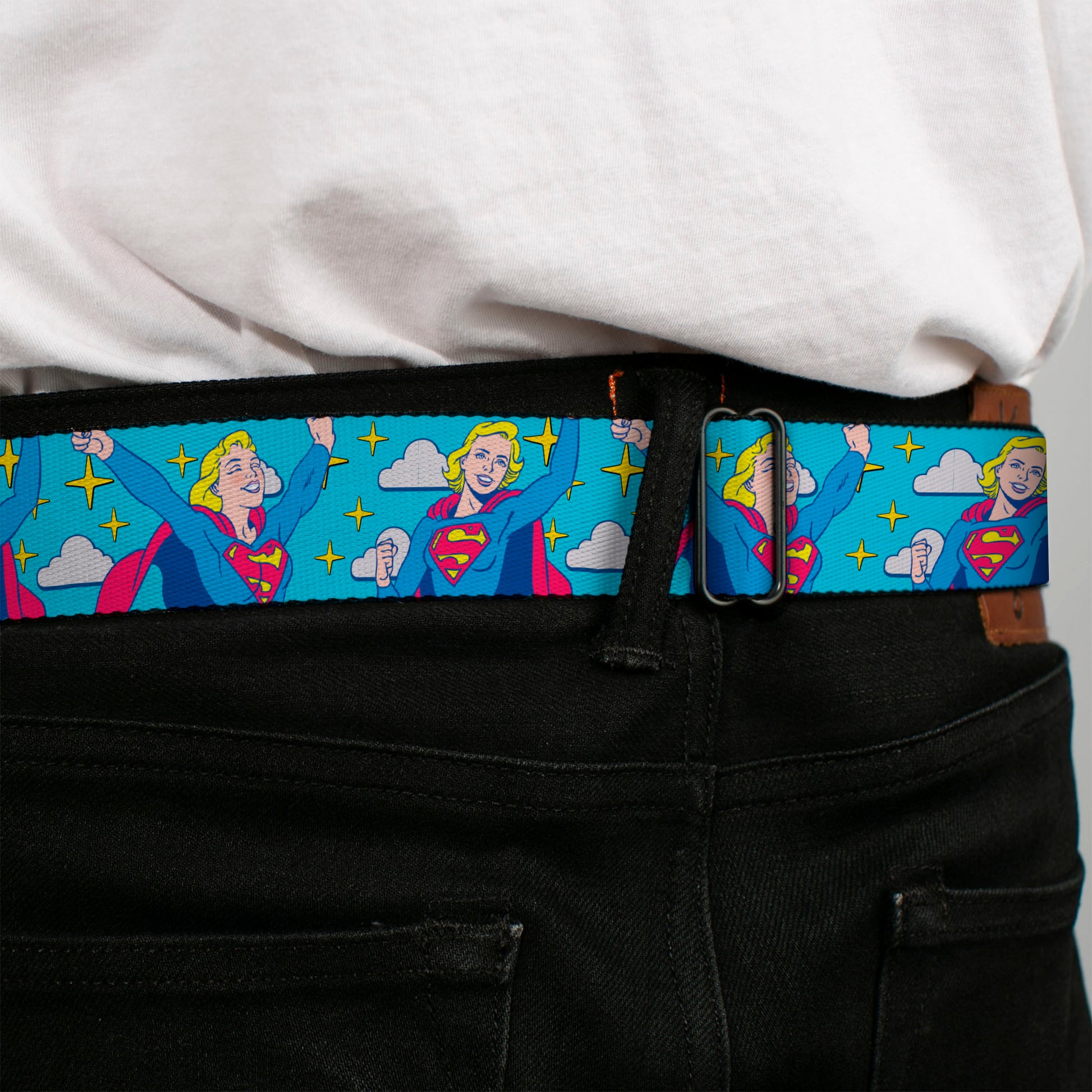 SUPERGIRL Title Full Color White/Multi Color Seatbelt Belt - Supergirl Two Pop Poses and Stars Blue Webbing Seatbelt Belts DC Comics