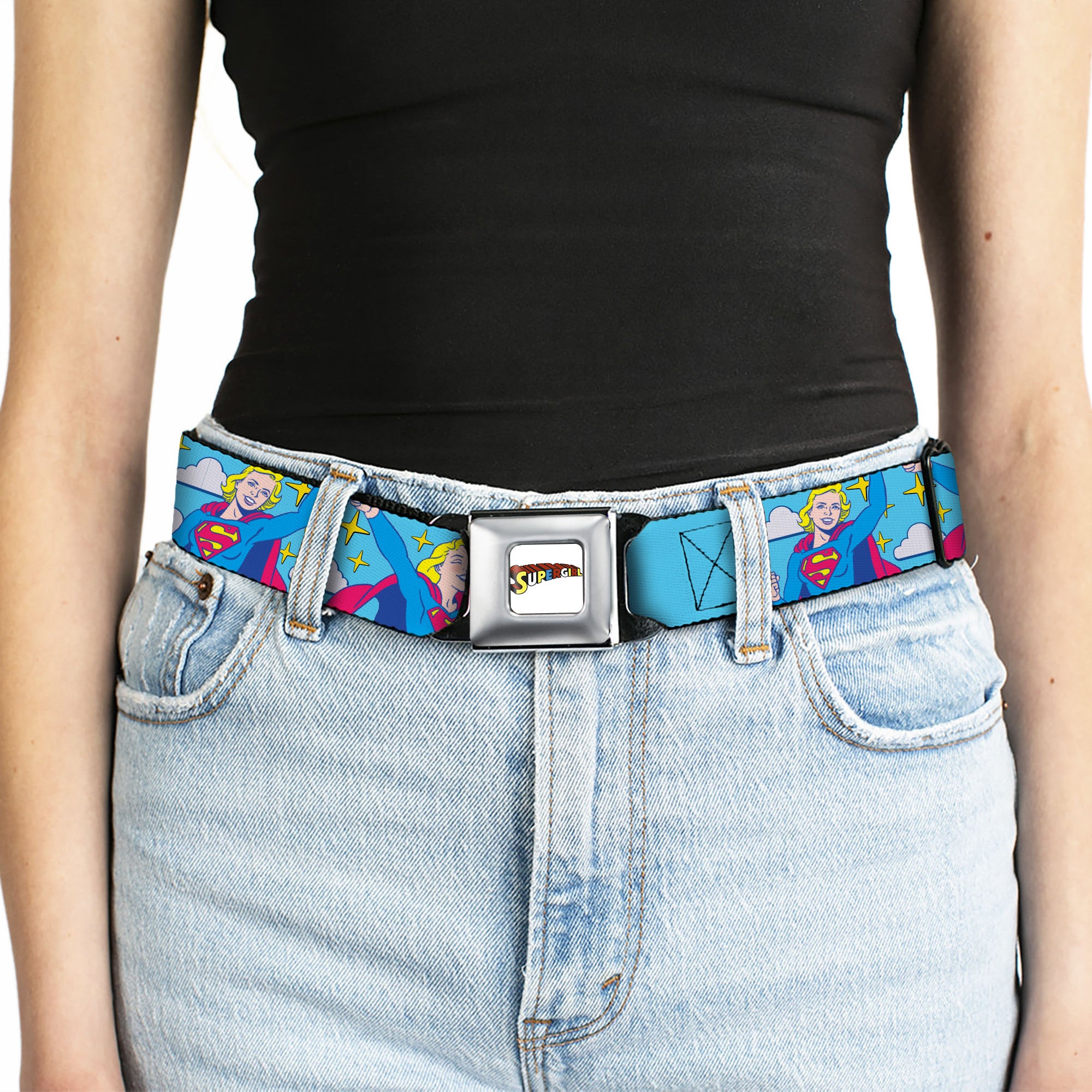 SUPERGIRL Title Full Color White/Multi Color Seatbelt Belt - Supergirl Two Pop Poses and Stars Blue Webbing Seatbelt Belts DC Comics