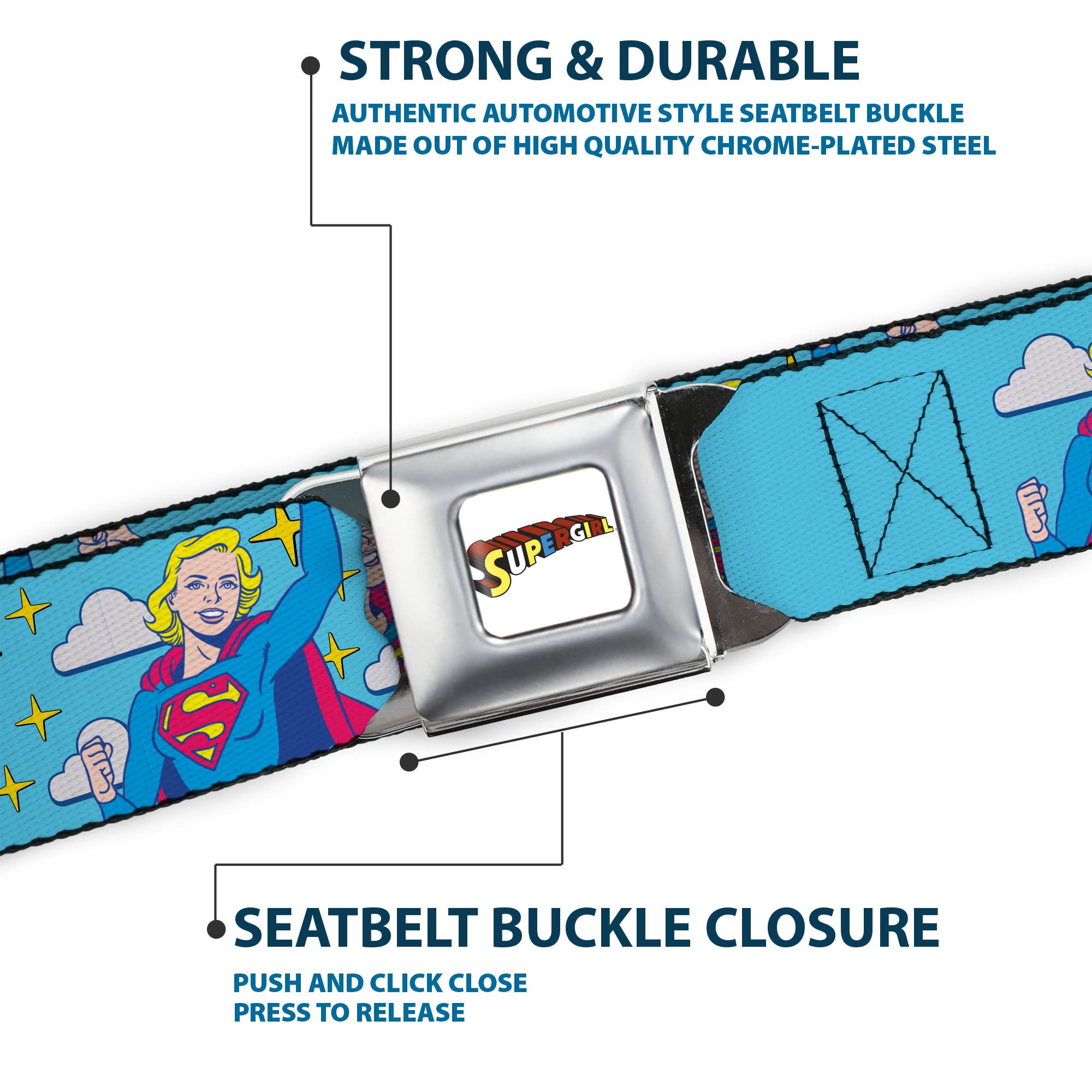 SUPERGIRL Title Full Color White/Multi Color Seatbelt Belt - Supergirl Two Pop Poses and Stars Blue Webbing Seatbelt Belts DC Comics