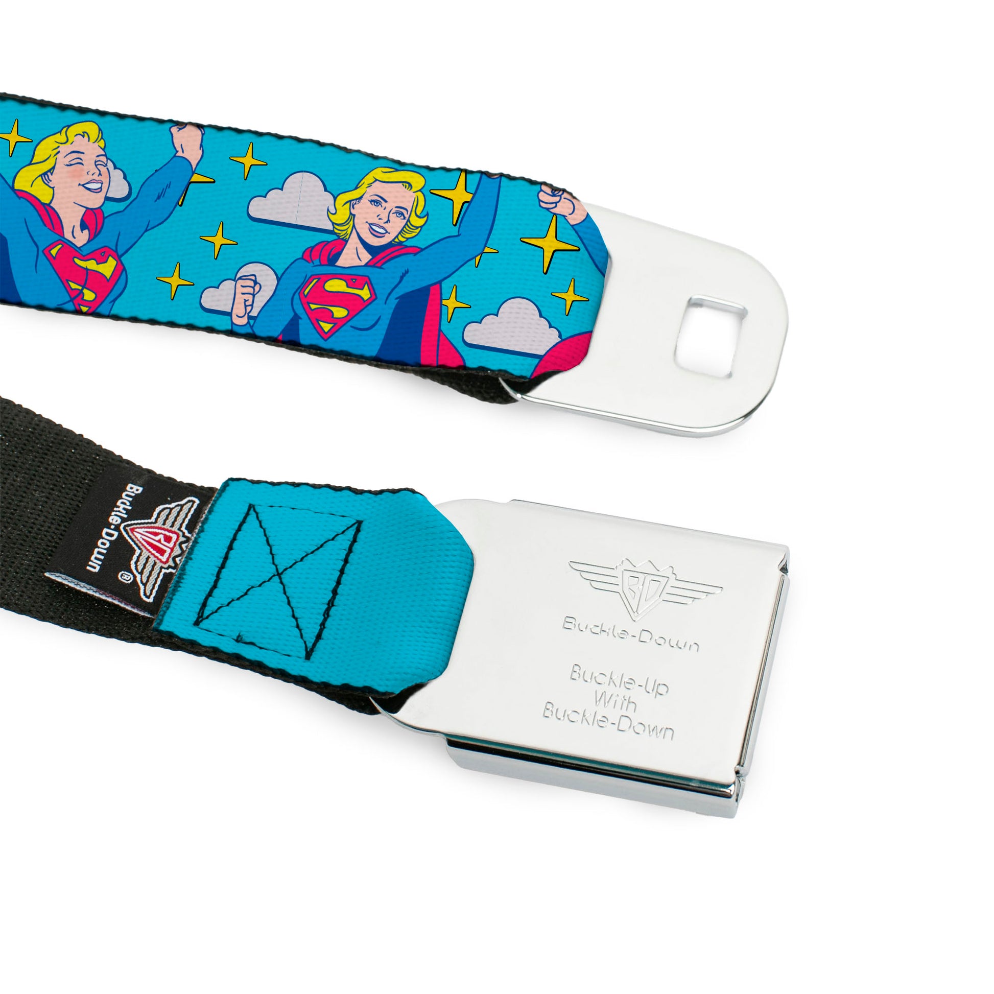 SUPERGIRL Title Full Color White/Multi Color Seatbelt Belt - Supergirl Two Pop Poses and Stars Blue Webbing Seatbelt Belts DC Comics