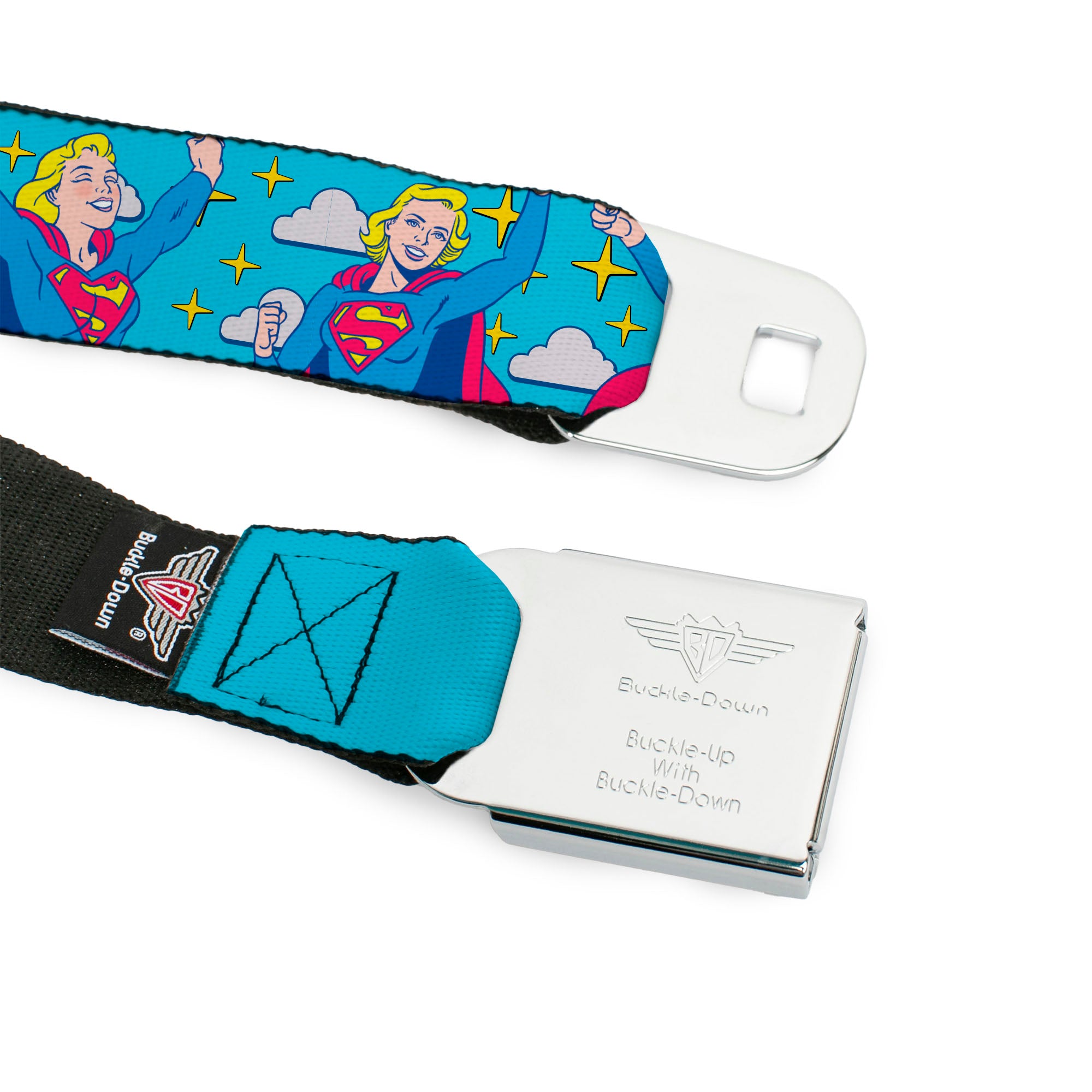 SUPERGIRL Title Full Color White/Multi Color Seatbelt Belt - Supergirl Two Pop Poses and Stars Blue Webbing Seatbelt Belts DC Comics