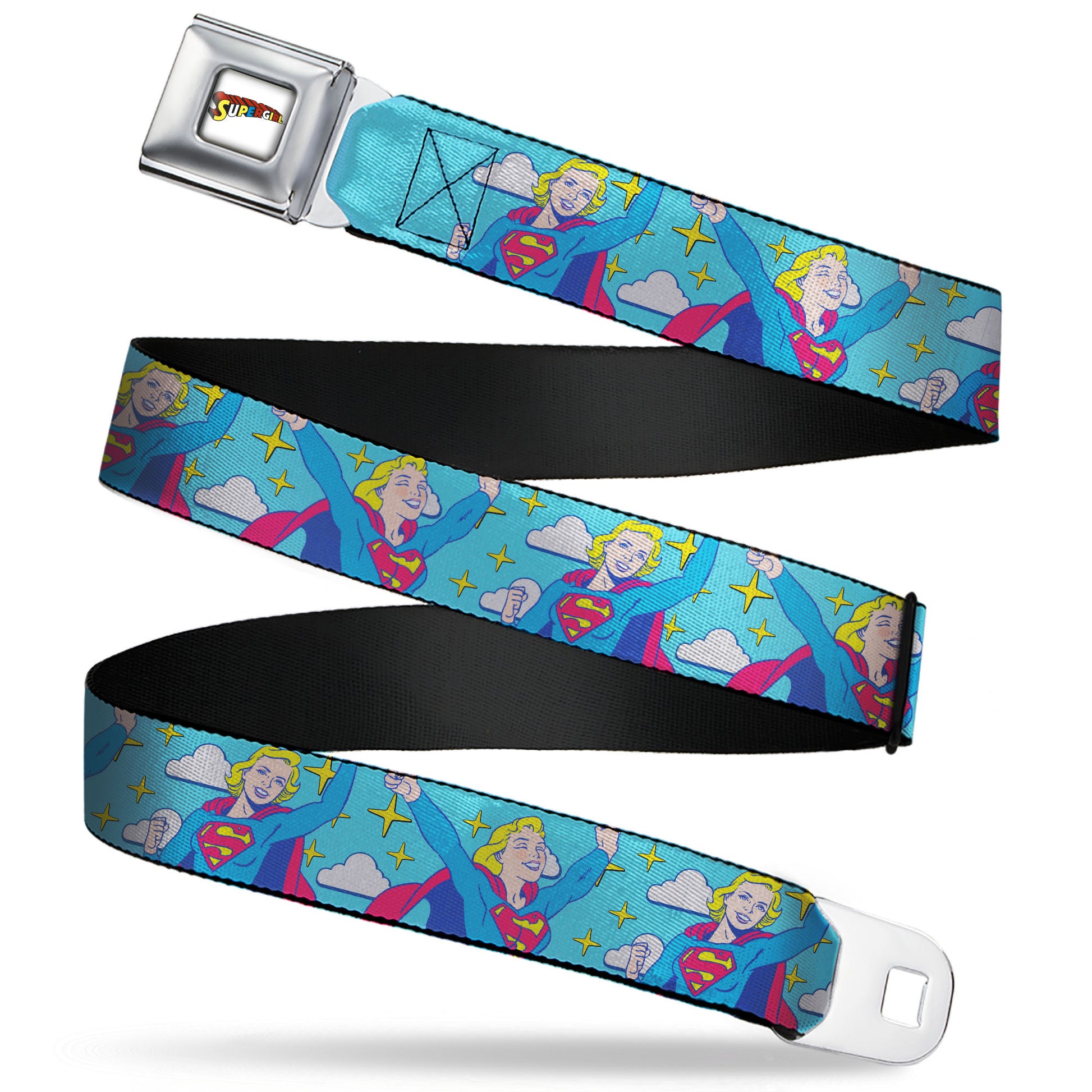 SUPERGIRL Title Full Color White/Multi Color Seatbelt Belt - Supergirl Two Pop Poses and Stars Blue Webbing Seatbelt Belts DC Comics