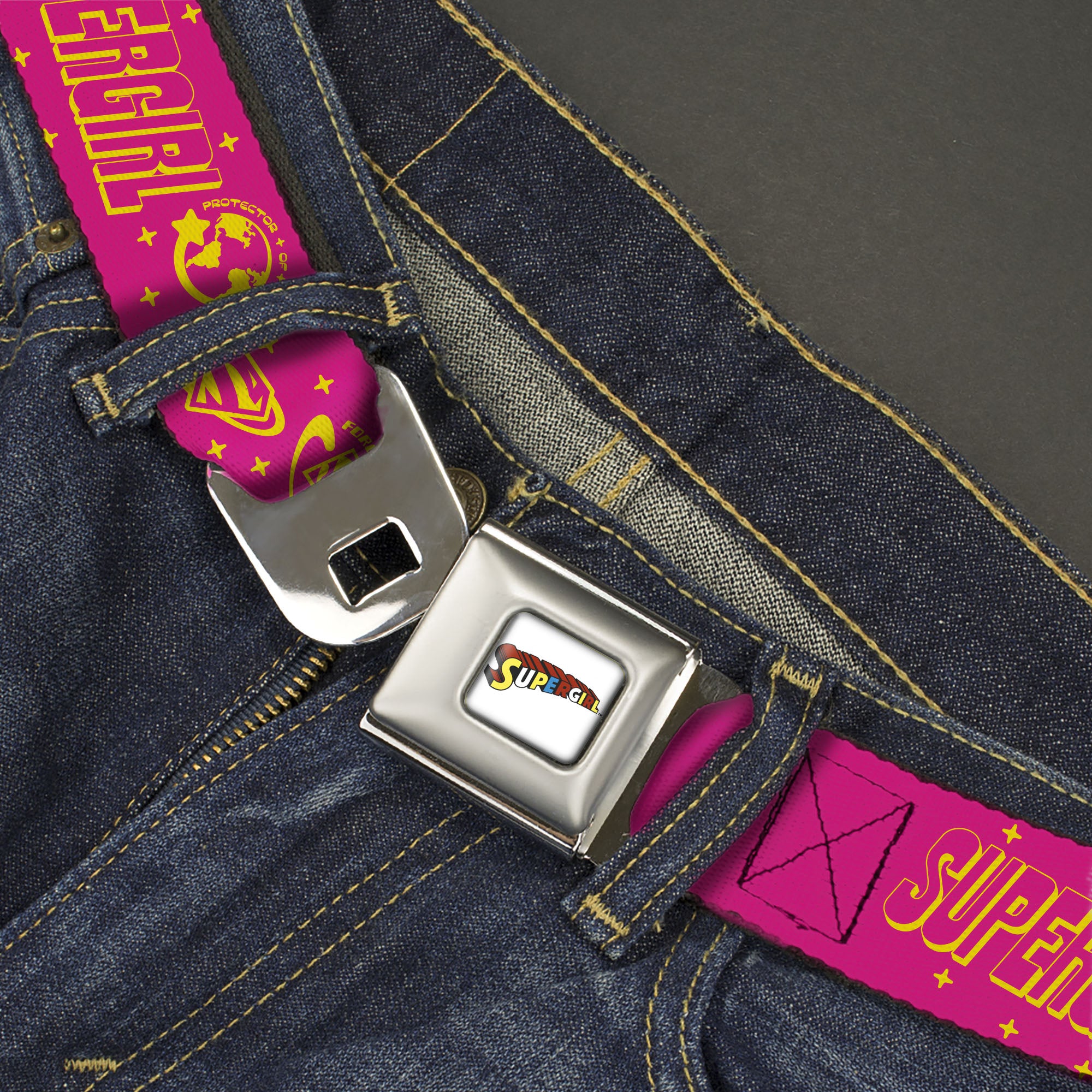 SUPERGIRL Title Full Color White/Multi Color Seatbelt Belt - SUPERGIRL Icons and Text Collage Red/Yellow Webbing Seatbelt Belts DC Comics