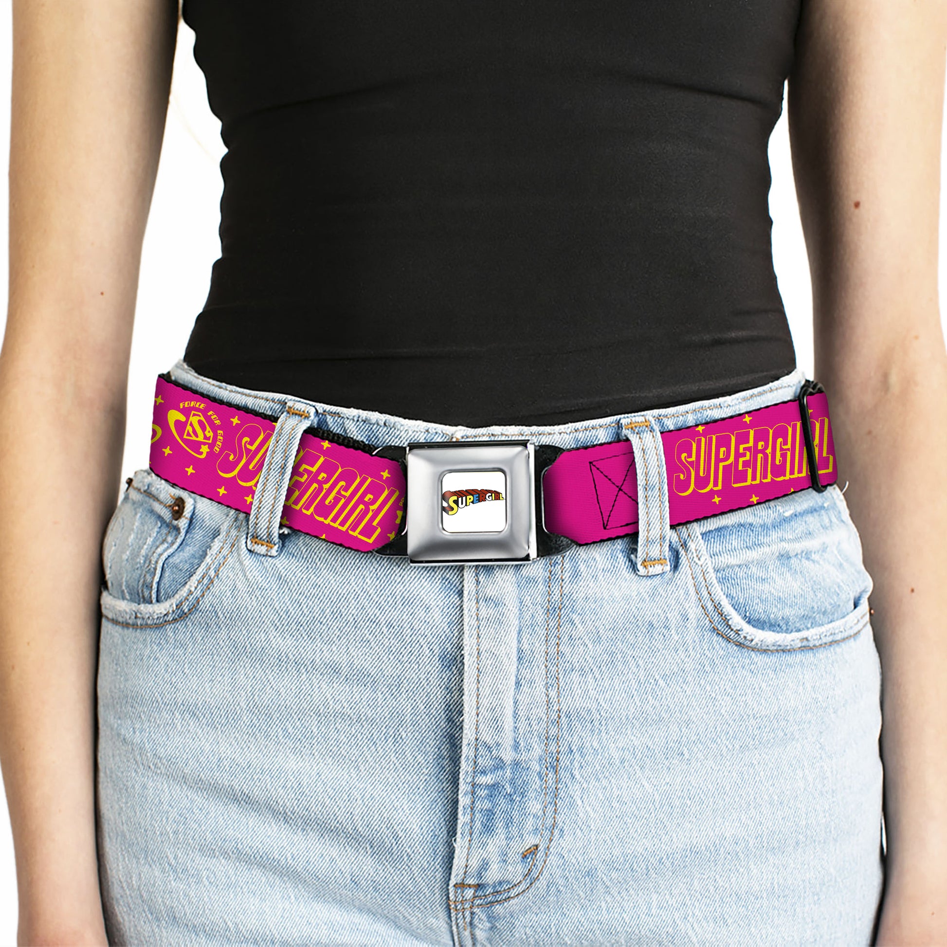 SUPERGIRL Title Full Color White/Multi Color Seatbelt Belt - SUPERGIRL Icons and Text Collage Red/Yellow Webbing Seatbelt Belts DC Comics