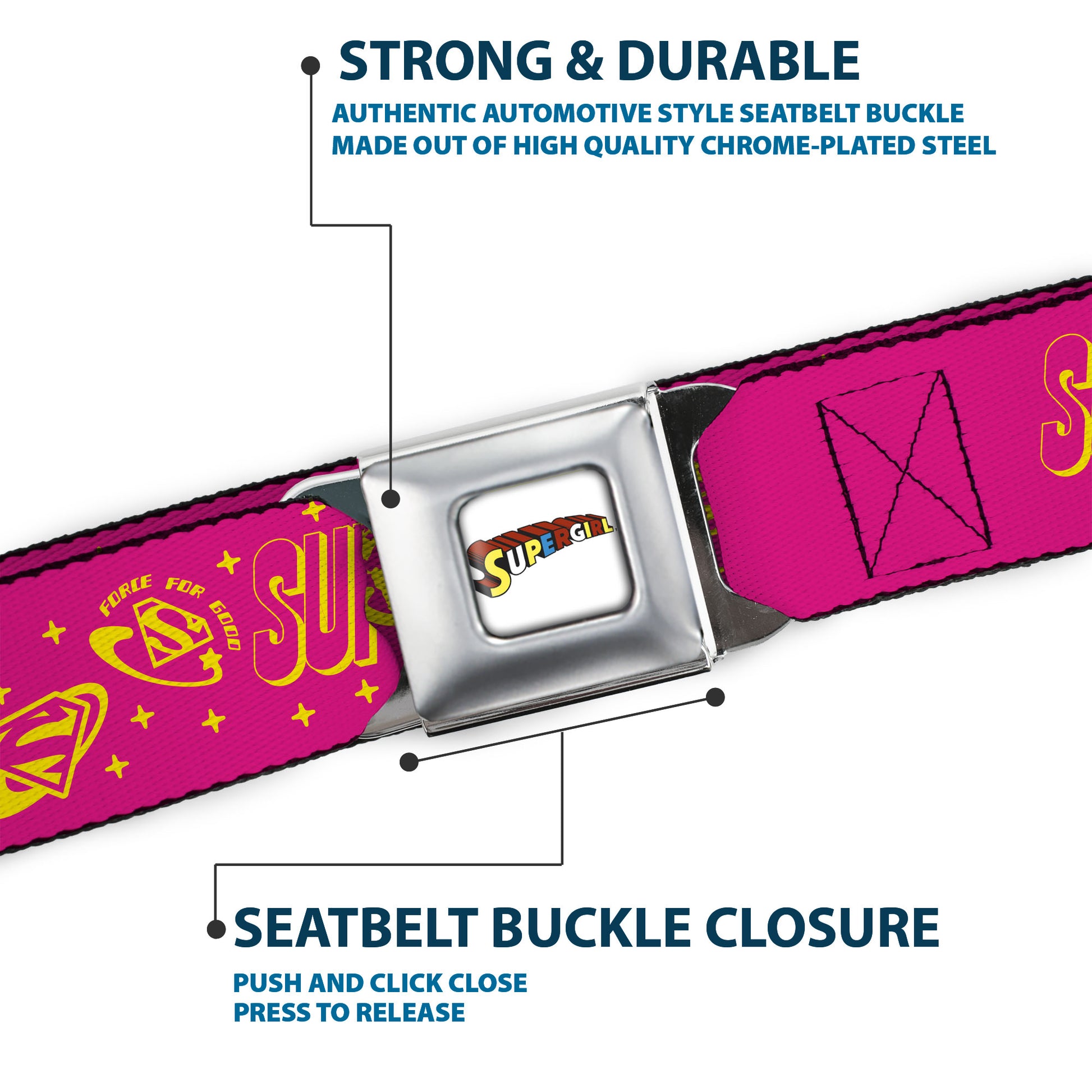 SUPERGIRL Title Full Color White/Multi Color Seatbelt Belt - SUPERGIRL Icons and Text Collage Red/Yellow Webbing Seatbelt Belts DC Comics