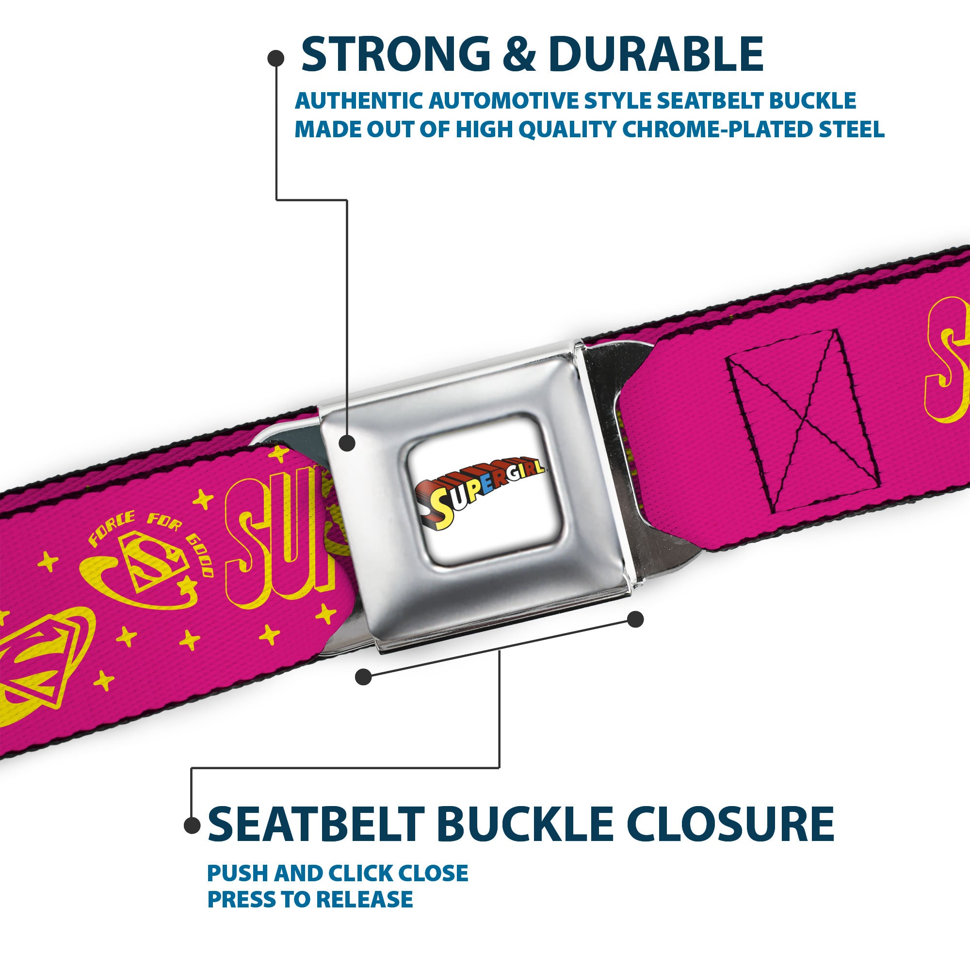 SUPERGIRL Title Full Color White/Multi Color Seatbelt Belt - SUPERGIRL Icons and Text Collage Red/Yellow Webbing Seatbelt Belts DC Comics