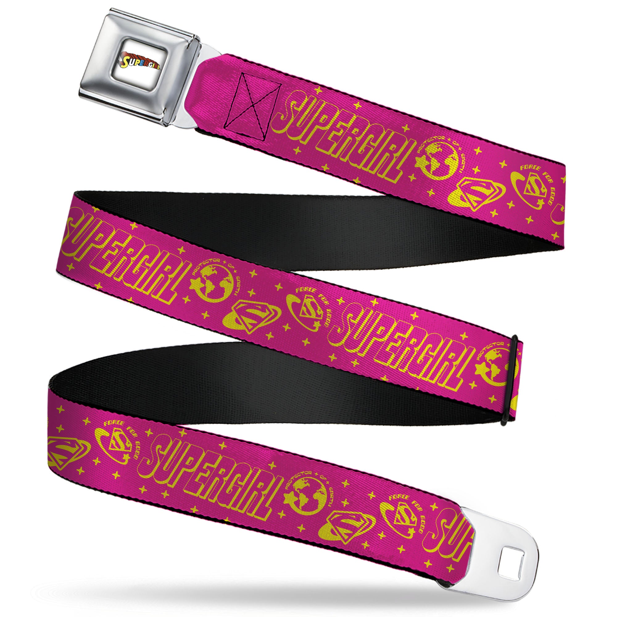 SUPERGIRL Title Full Color White/Multi Color Seatbelt Belt - SUPERGIRL Icons and Text Collage Red/Yellow Webbing Seatbelt Belts DC Comics