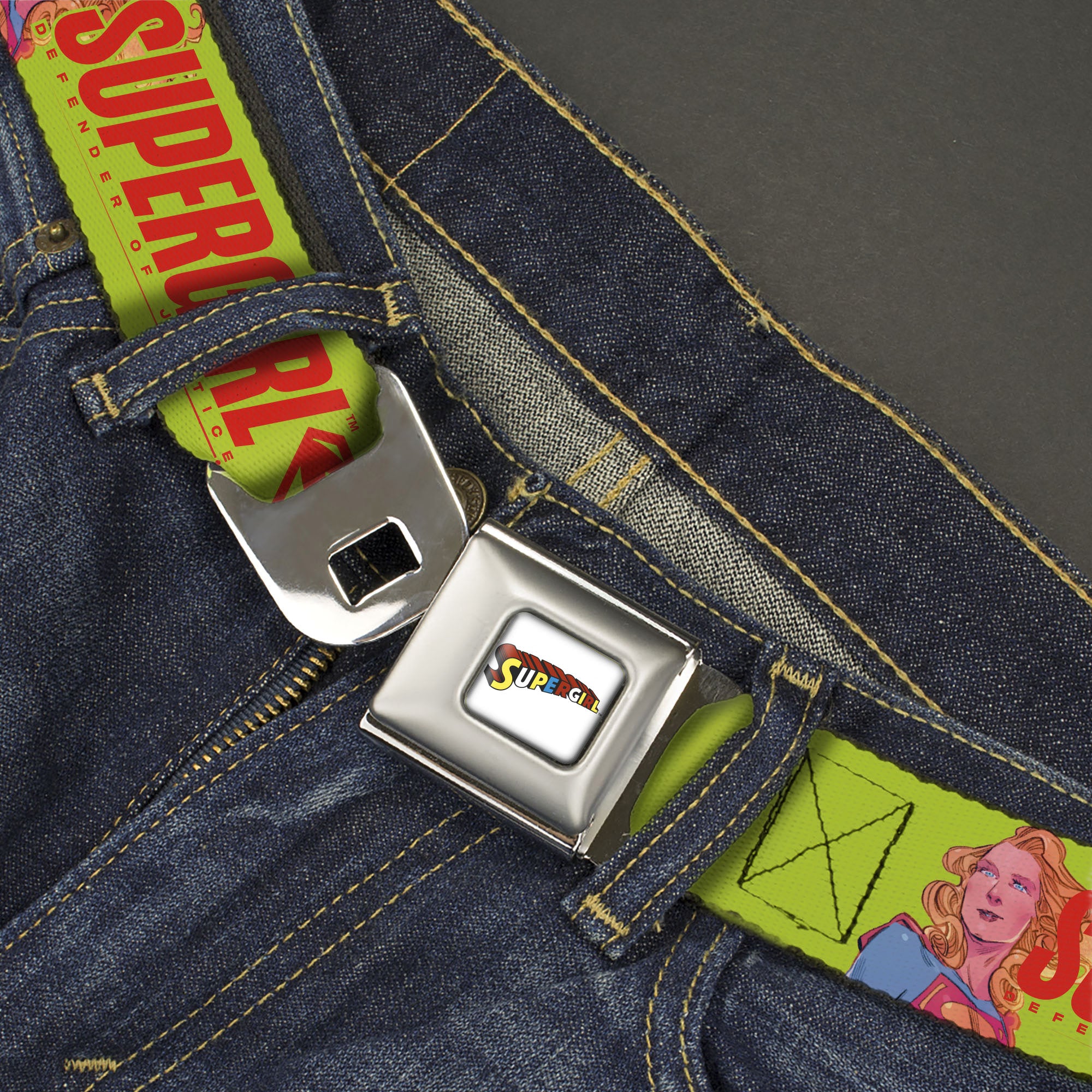 SUPERGIRL Title Full Color White/Multi Color Seatbelt Belt - SUPERGIRL DEFENDER OF JUSTICE Pose Yellow/Red Webbing Seatbelt Belts DC Comics