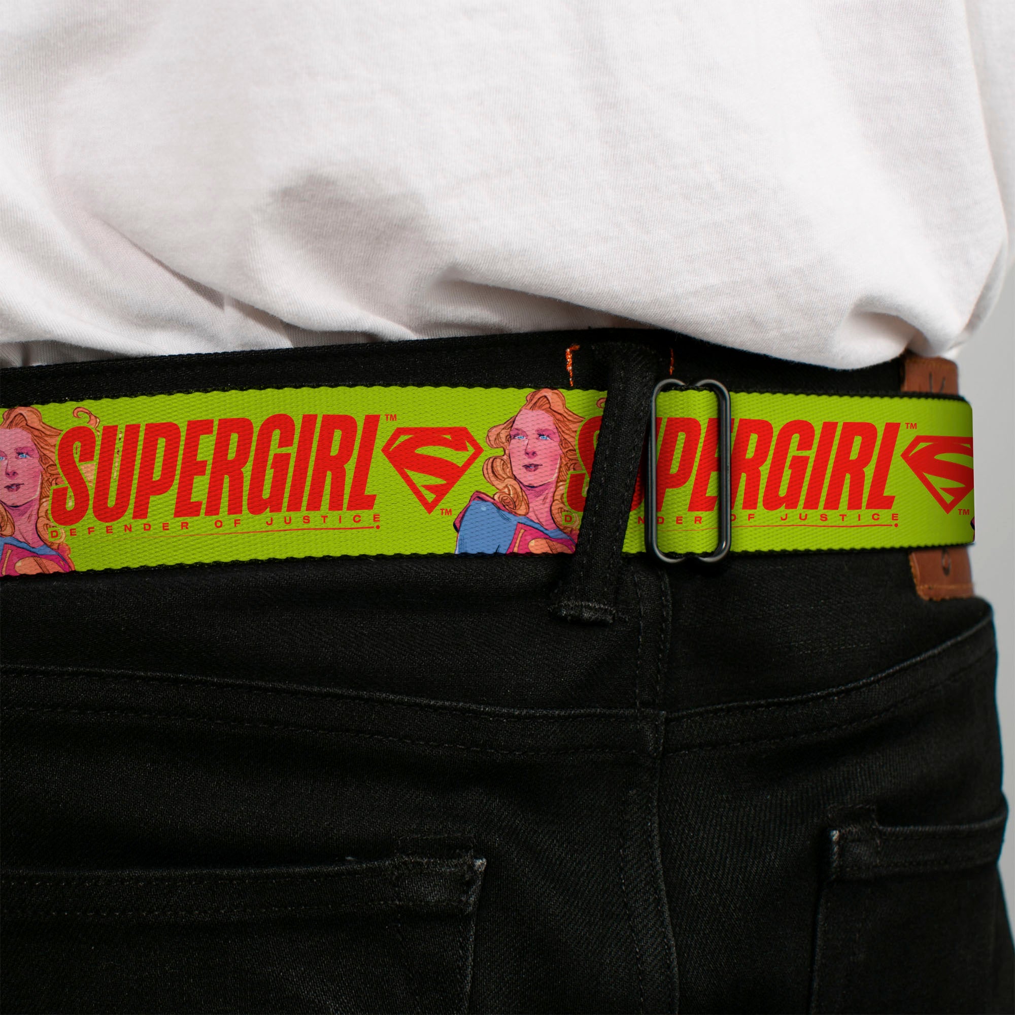 SUPERGIRL Title Full Color White/Multi Color Seatbelt Belt - SUPERGIRL DEFENDER OF JUSTICE Pose Yellow/Red Webbing Seatbelt Belts DC Comics