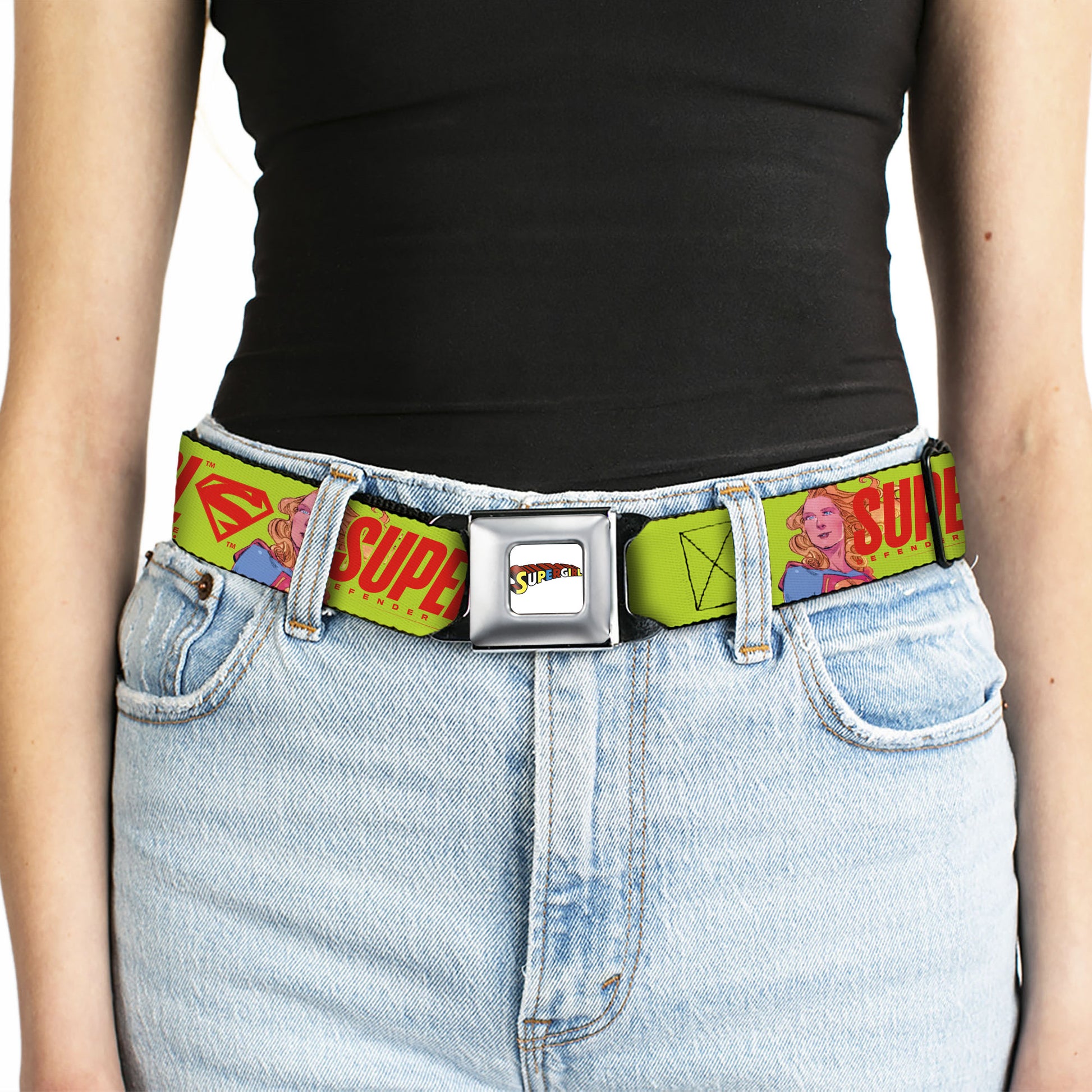 SUPERGIRL Title Full Color White/Multi Color Seatbelt Belt - SUPERGIRL DEFENDER OF JUSTICE Pose Yellow/Red Webbing Seatbelt Belts DC Comics