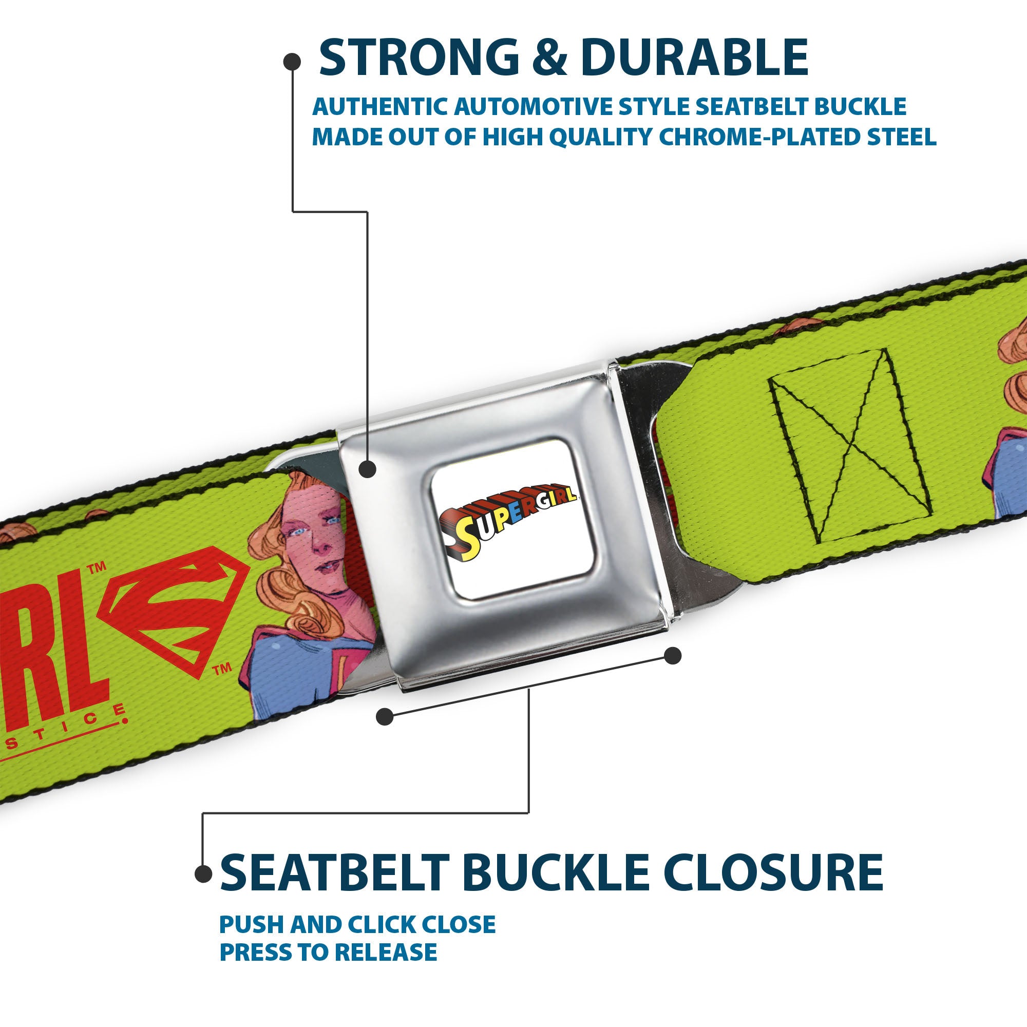 SUPERGIRL Title Full Color White/Multi Color Seatbelt Belt - SUPERGIRL DEFENDER OF JUSTICE Pose Yellow/Red Webbing Seatbelt Belts DC Comics