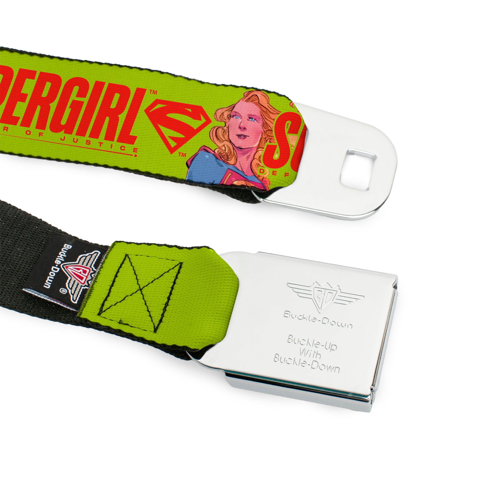 SUPERGIRL Title Full Color White/Multi Color Seatbelt Belt - SUPERGIRL DEFENDER OF JUSTICE Pose Yellow/Red Webbing Seatbelt Belts DC Comics