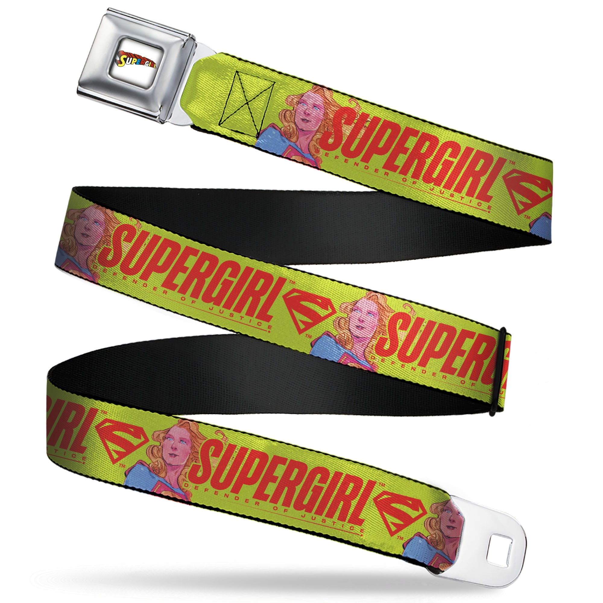 SUPERGIRL Title Full Color White/Multi Color Seatbelt Belt - SUPERGIRL DEFENDER OF JUSTICE Pose Yellow/Red Webbing Seatbelt Belts DC Comics