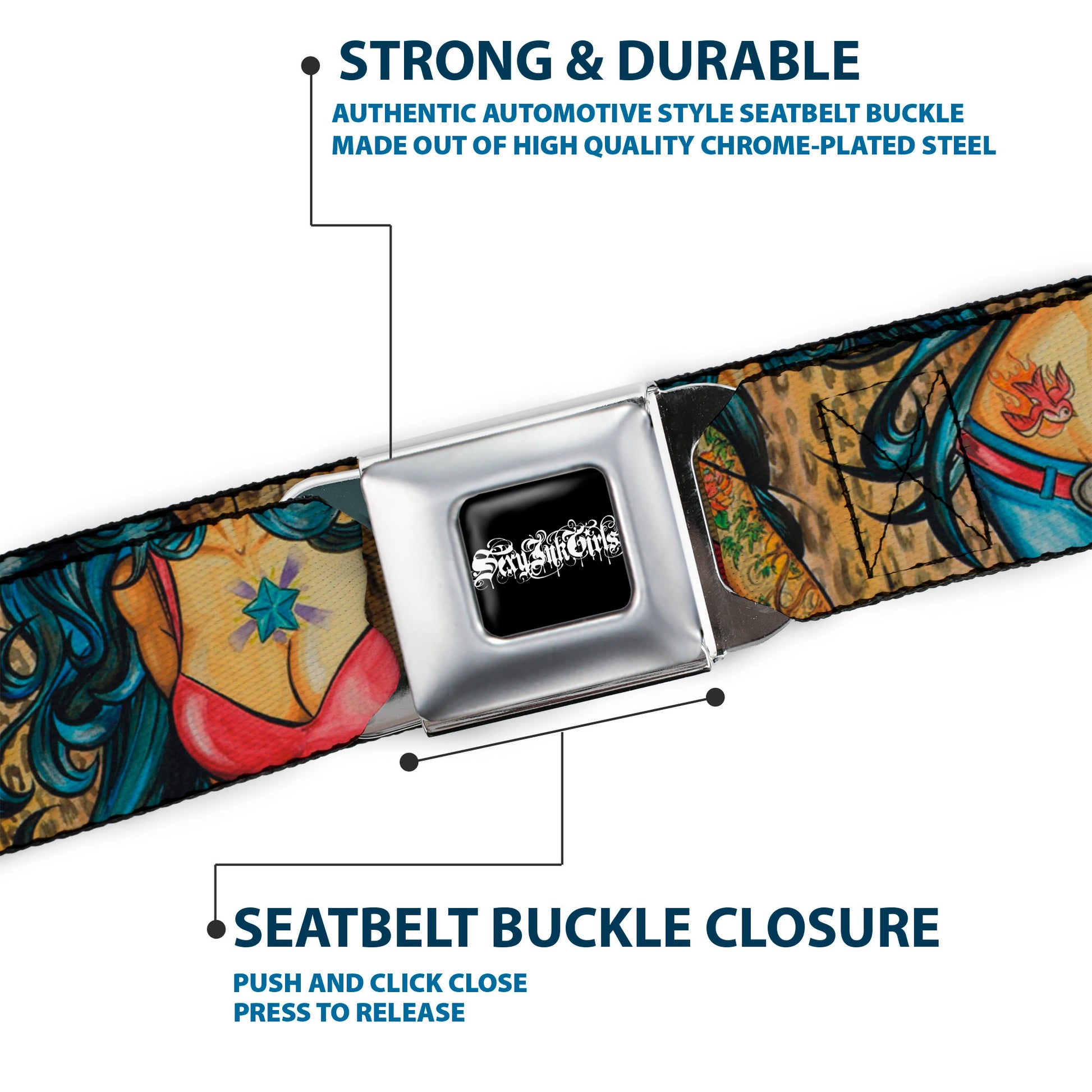 SEXY INK GIRLS Full Color Black White Seatbelt Belt - Leah Webbing Seatbelt Belts Sexy Ink Girls