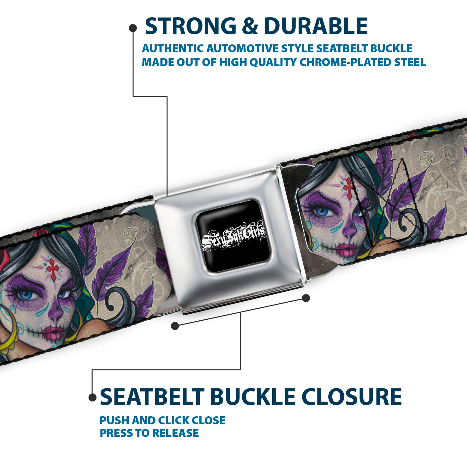 SEXY INK GIRLS Full Color Black White Seatbelt Belt - Muerta Webbing Seatbelt Belts Sexy Ink Girls