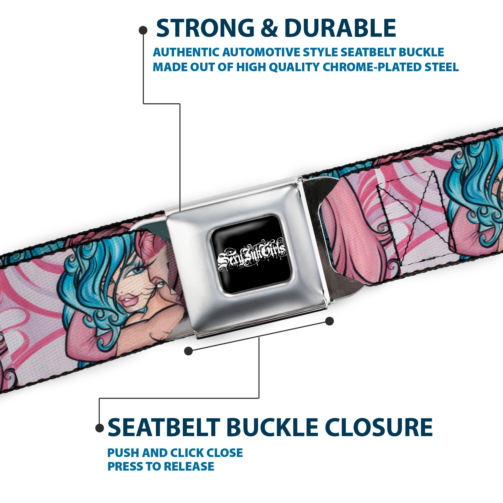 SEXY INK GIRLS Full Color Black White Seatbelt Belt - No Glove, No Love Webbing Seatbelt Belts Sexy Ink Girls