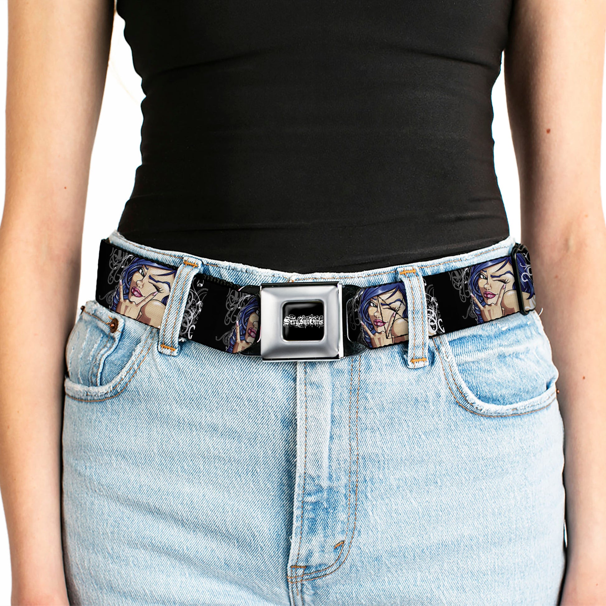 SEXY INK GIRLS Full Color Black White Seatbelt Belt - Rock & Roll Ink Webbing Seatbelt Belts Sexy Ink Girls