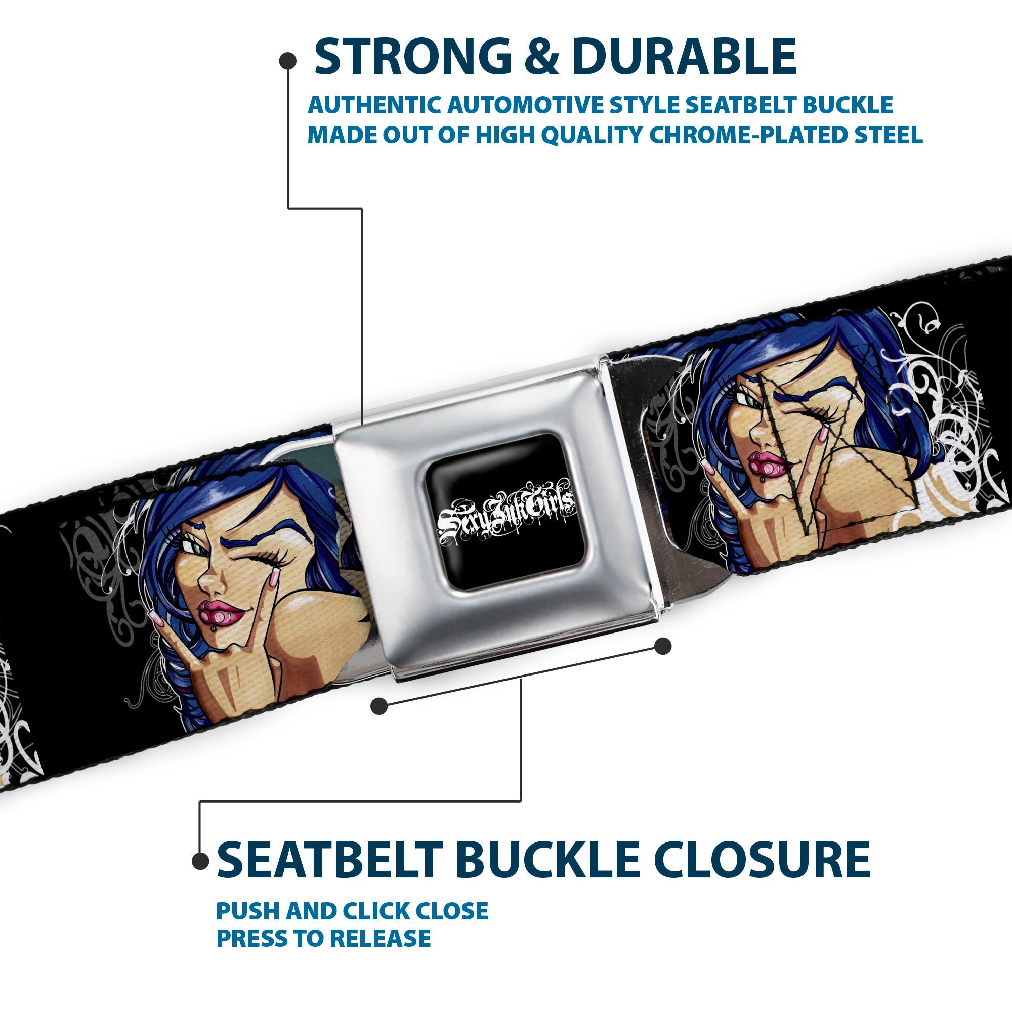 SEXY INK GIRLS Full Color Black White Seatbelt Belt - Rock & Roll Ink Webbing Seatbelt Belts Sexy Ink Girls