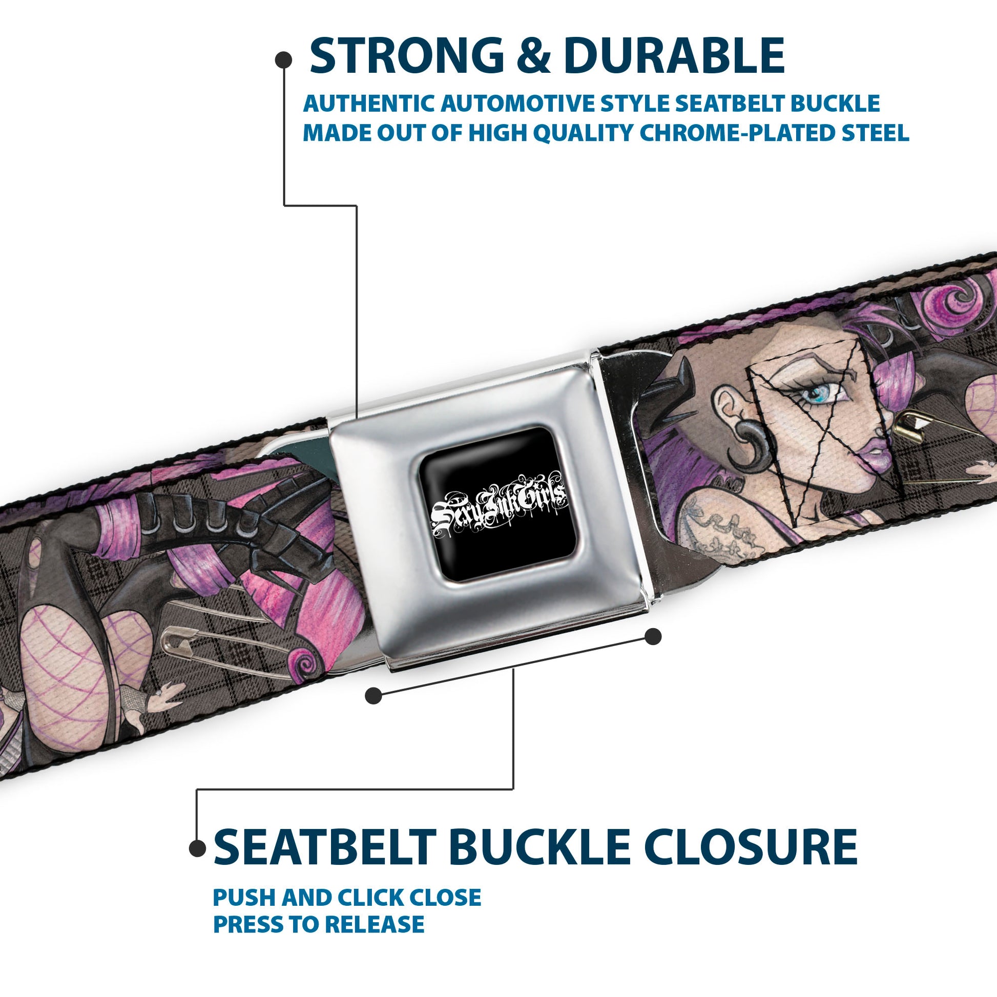 SEXY INK GIRLS Full Color Black White Seatbelt Belt - Pretty in Punk Webbing Seatbelt Belts Sexy Ink Girls