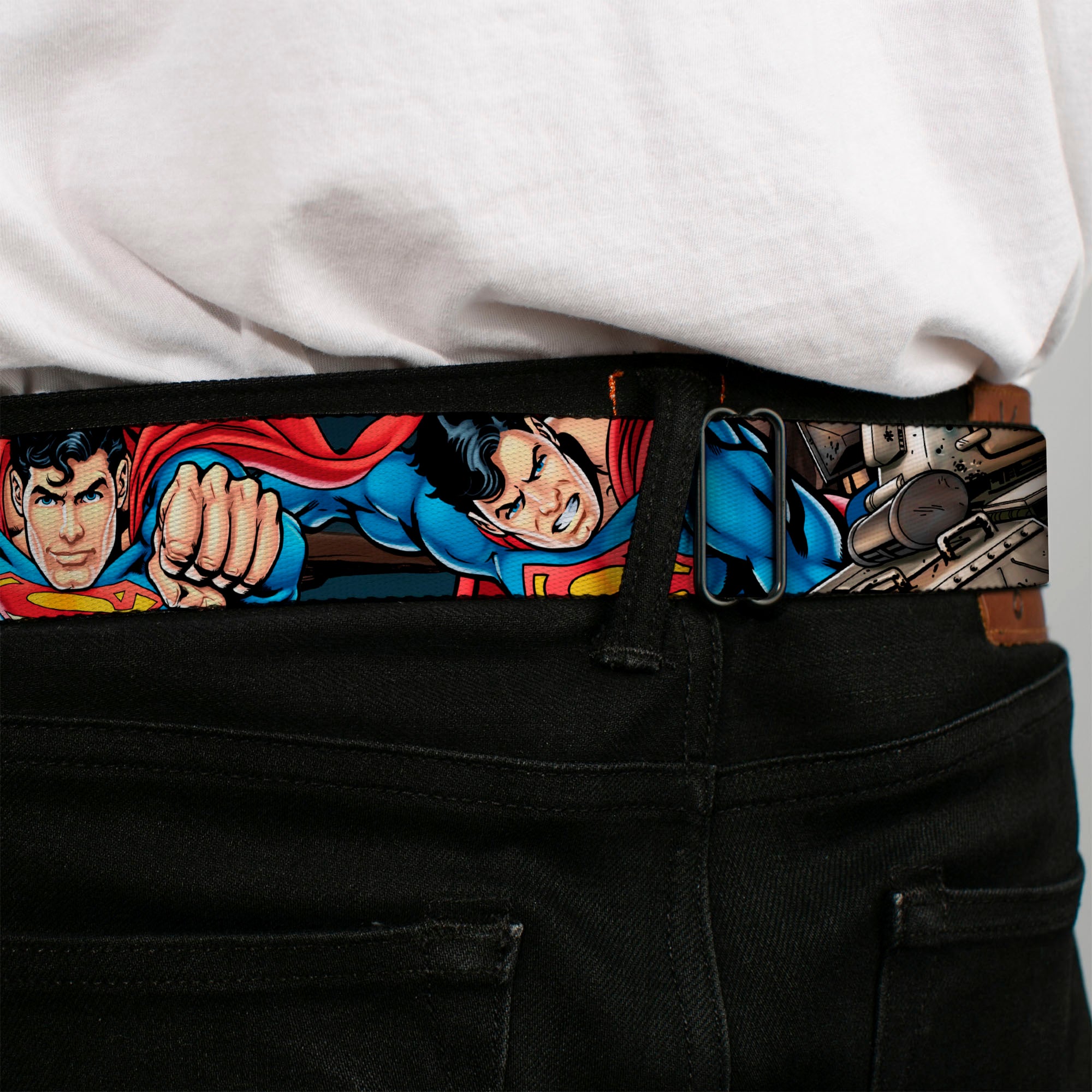 Superman Black Silver Seatbelt Belt - Superman Metropolis Face-Off Webbing Seatbelt Belts DC Comics
