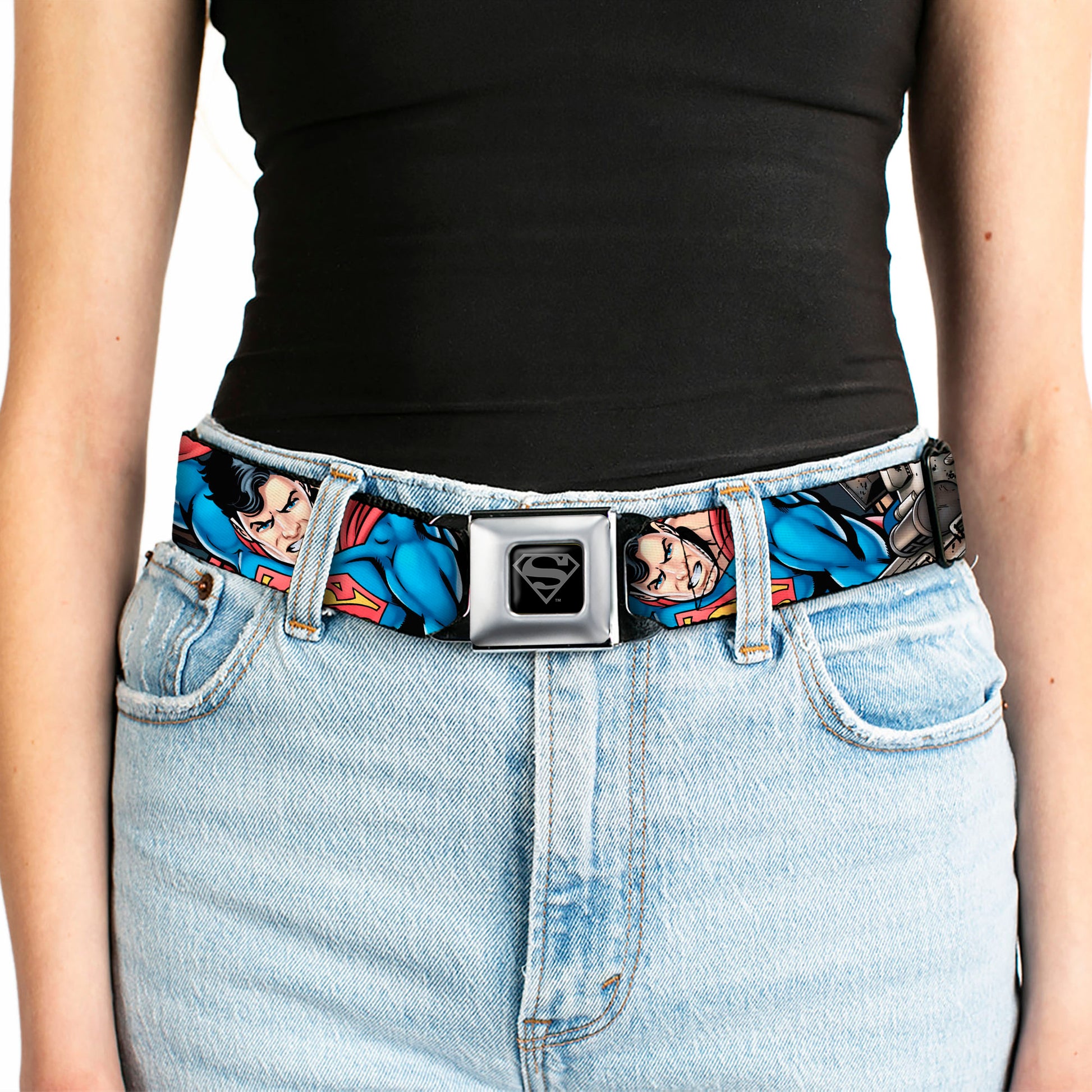 Superman Black Silver Seatbelt Belt - Superman Metropolis Face-Off Webbing Seatbelt Belts DC Comics