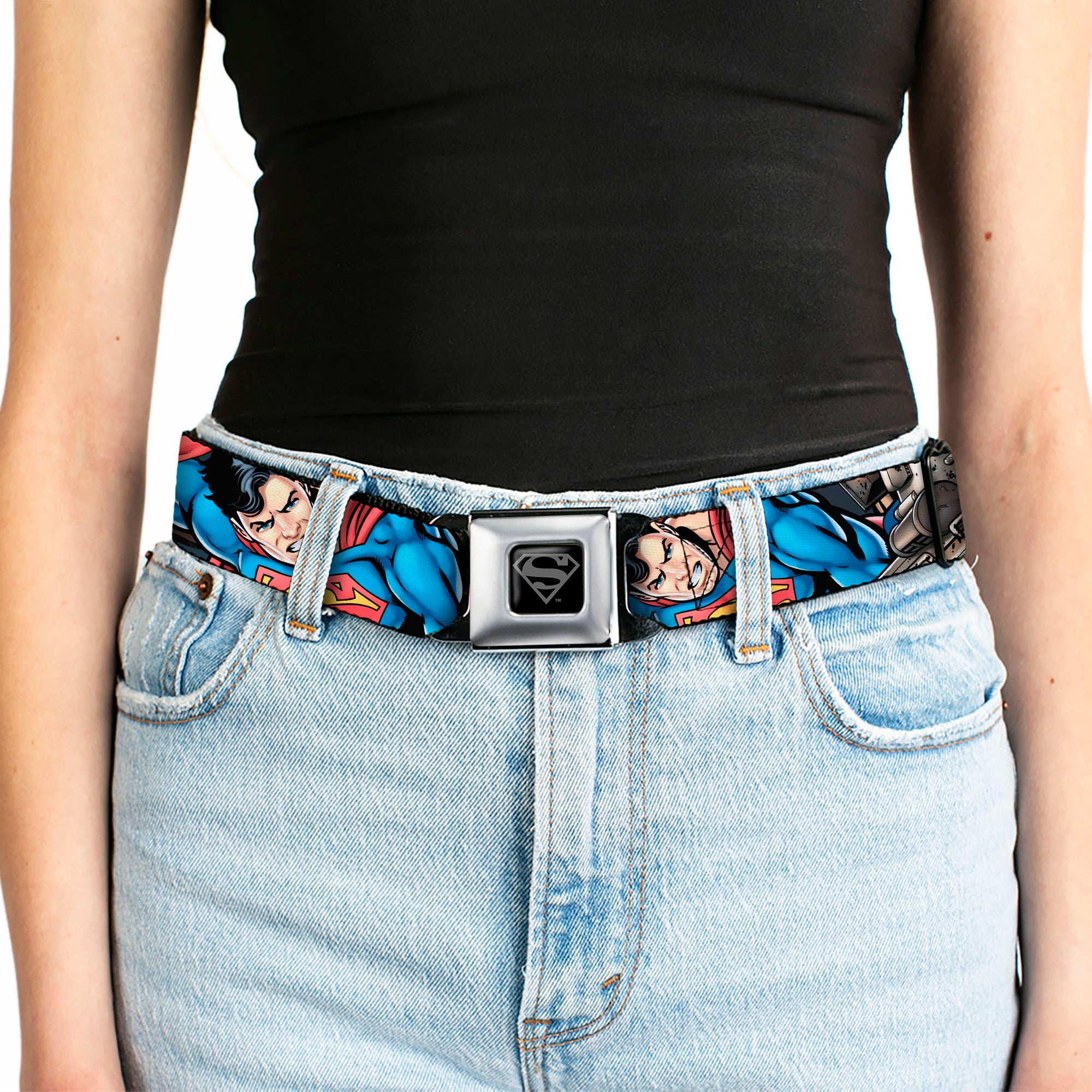 Superman Black Silver Seatbelt Belt - Superman Metropolis Face-Off Webbing Seatbelt Belts DC Comics