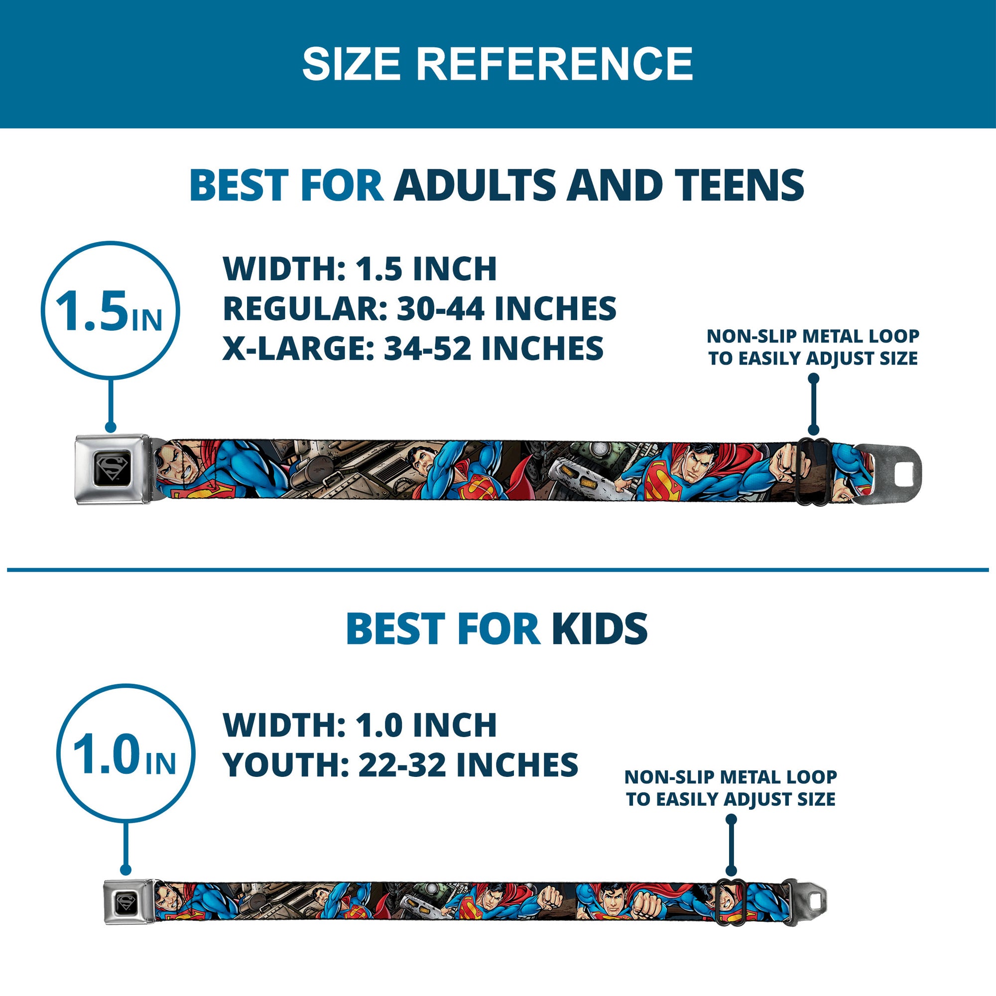 Superman Black Silver Seatbelt Belt - Superman Metropolis Face-Off Webbing Seatbelt Belts DC Comics