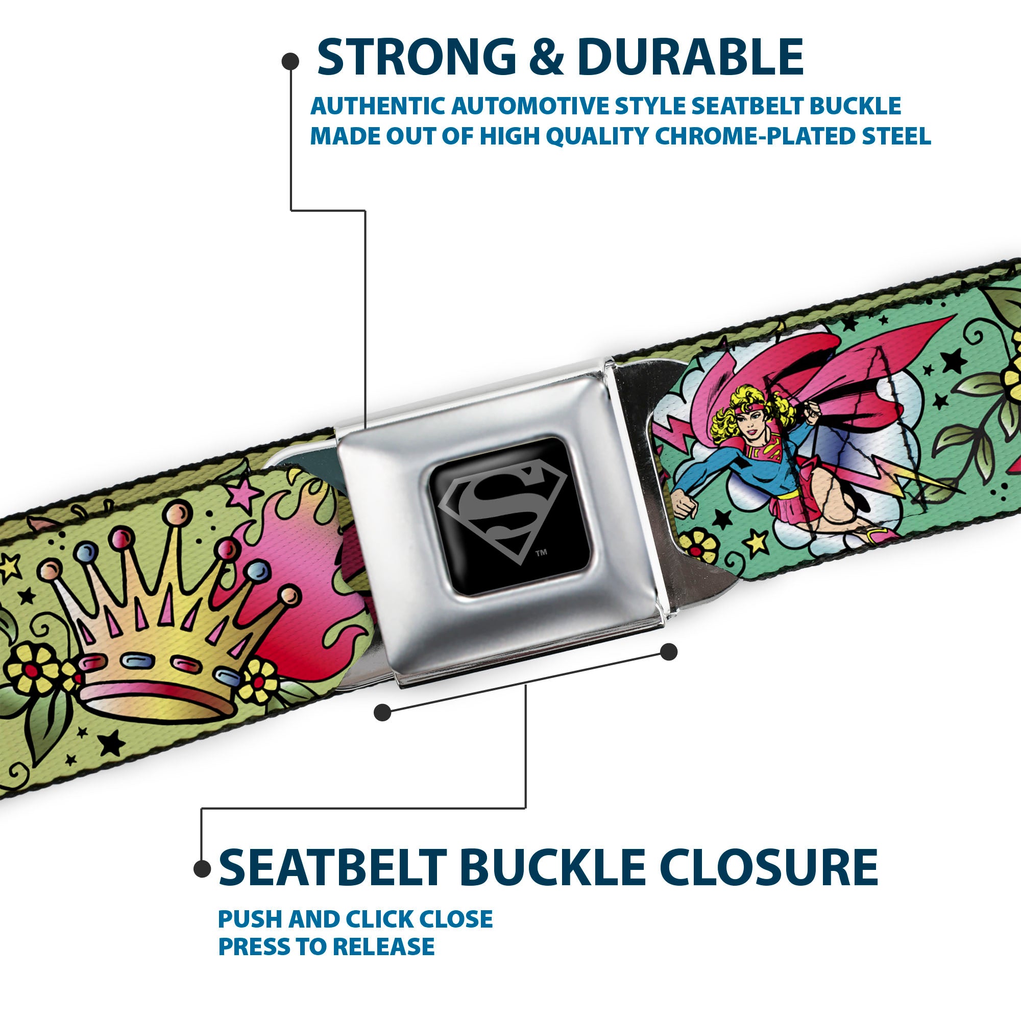 Superman Black Silver Seatbelt Belt - Supergirl Tattoo Scene Webbing Seatbelt Belts DC Comics