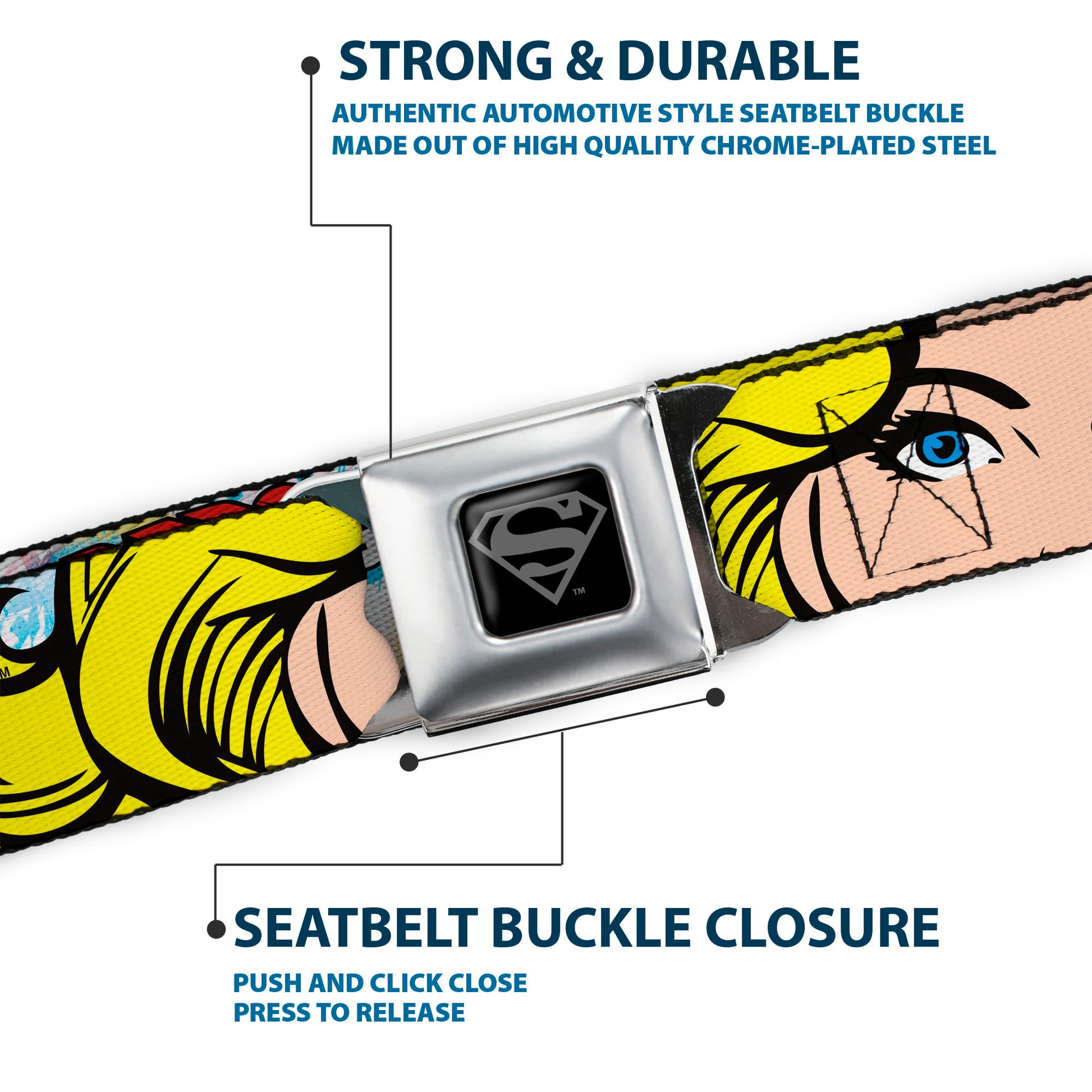 Superman Black Silver Seatbelt Belt - SUPERGIRL w/Face CLOSE-UP Webbing Seatbelt Belts DC Comics