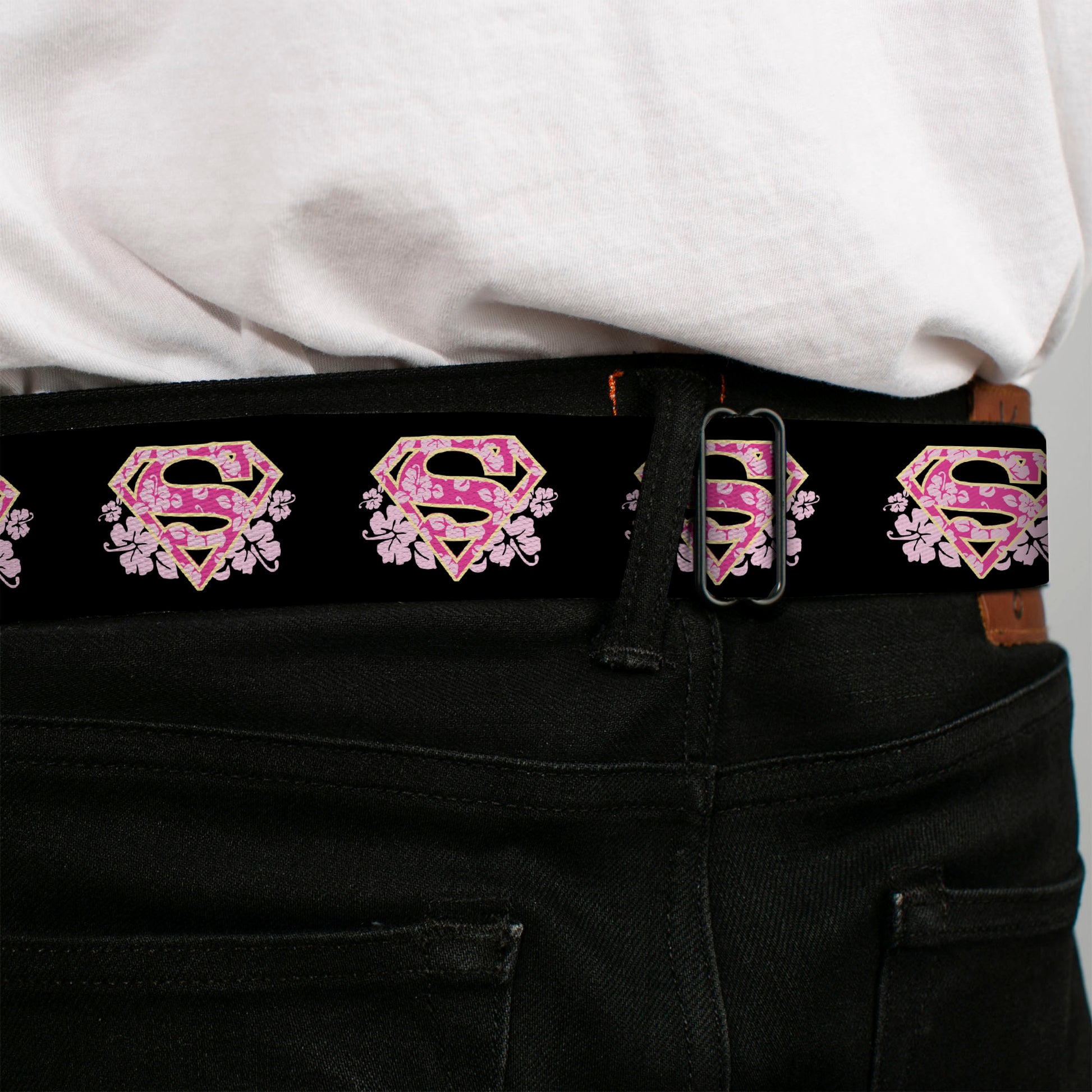 Superman Black Silver Seatbelt Belt - Super Shield Hibiscus Design Black/Pink Webbing Seatbelt Belts DC Comics