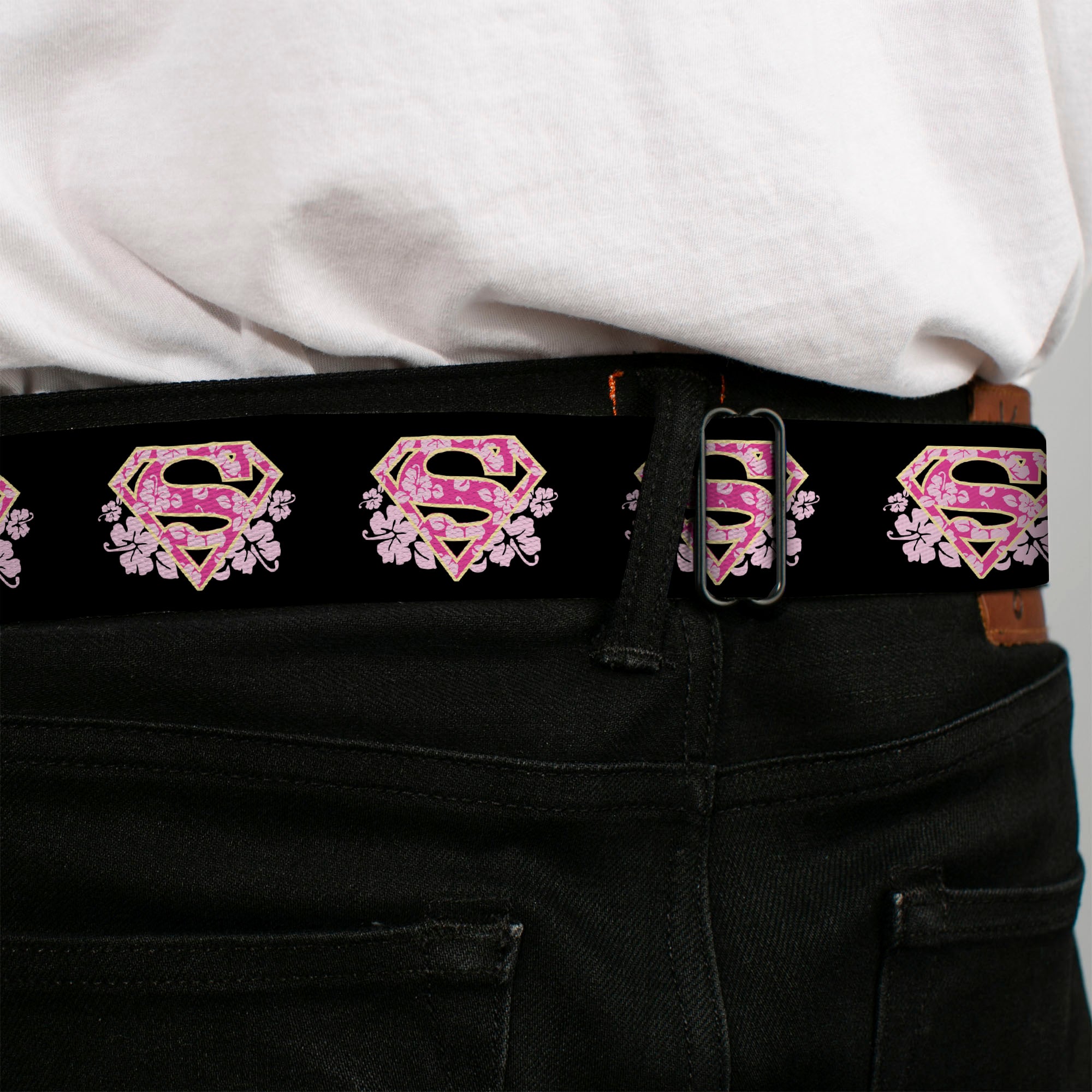 Superman Black Silver Seatbelt Belt - Super Shield Hibiscus Design Black/Pink Webbing Seatbelt Belts DC Comics